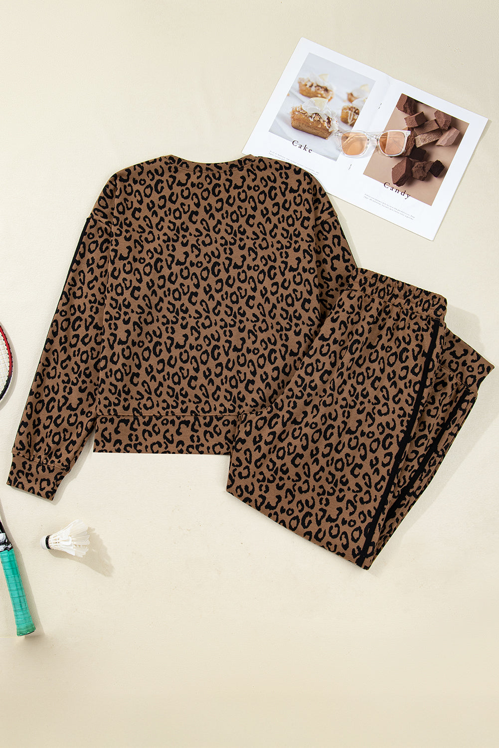 Leopard Varsity Stripe Trim Top & Drawstring Pants Set