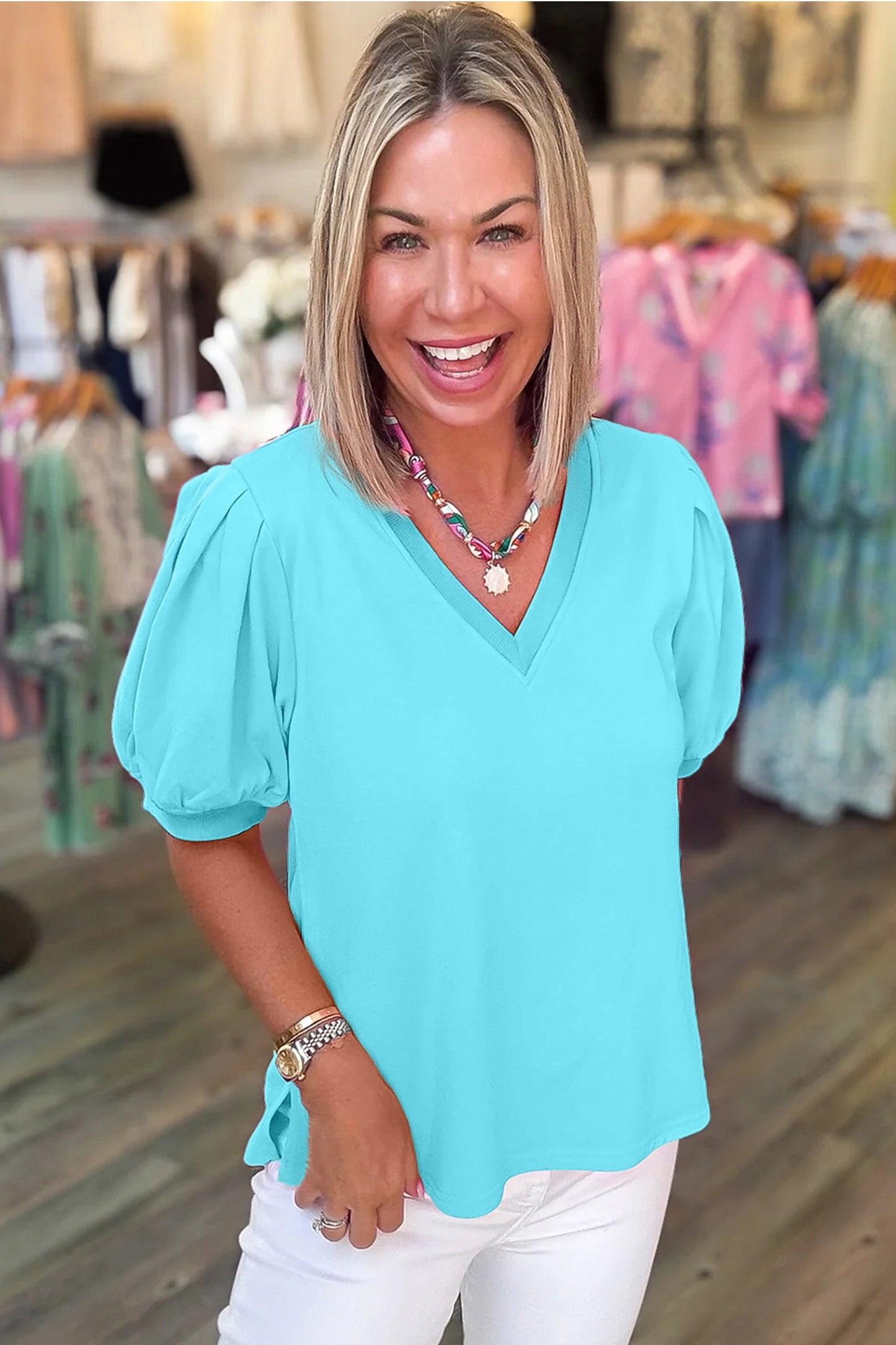 Solid V-Neck Short Puff Sleeve Blouse
