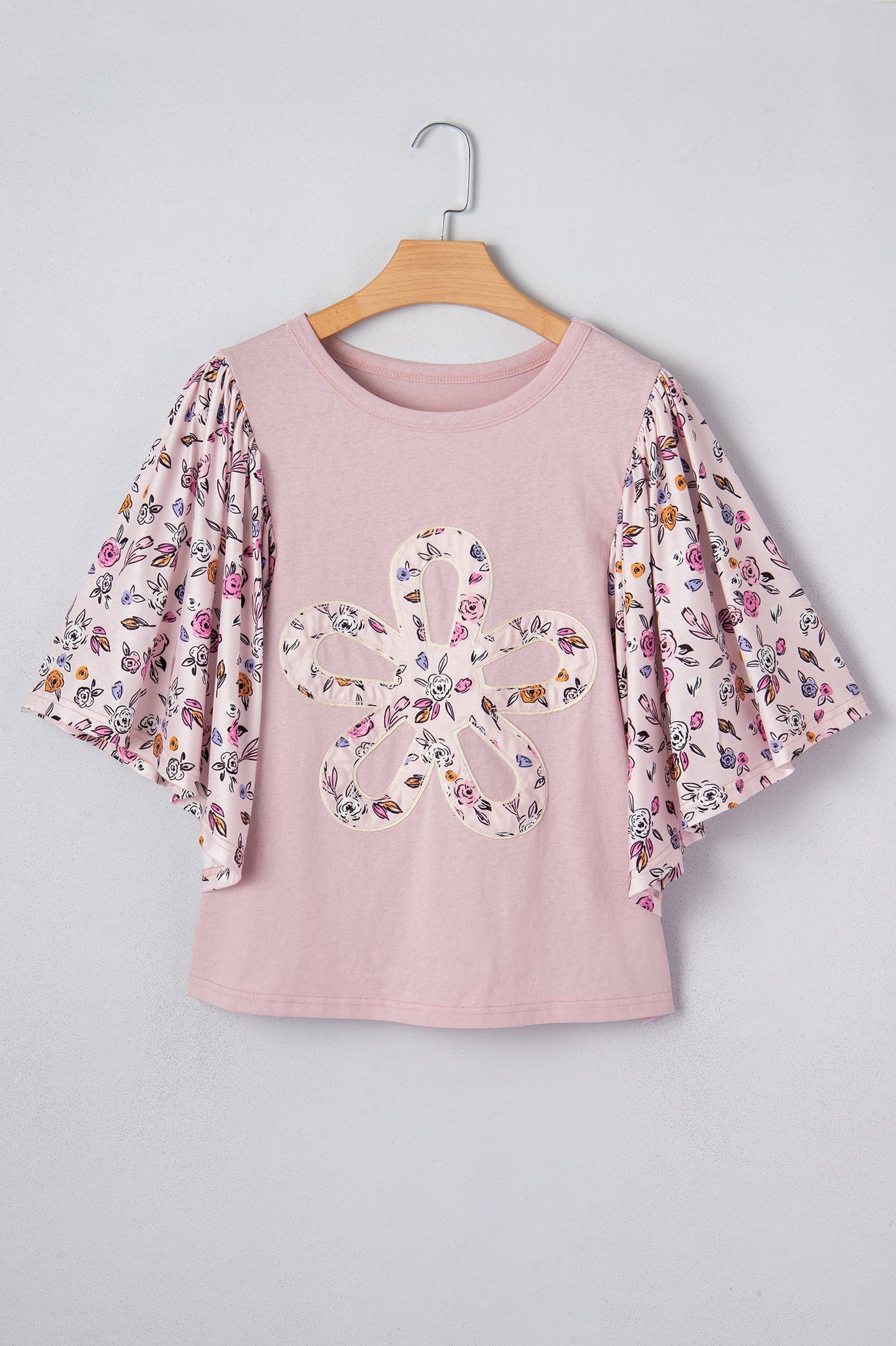 Floral Contrast Patchwork Flowy 3/4 Sleeve Blouse