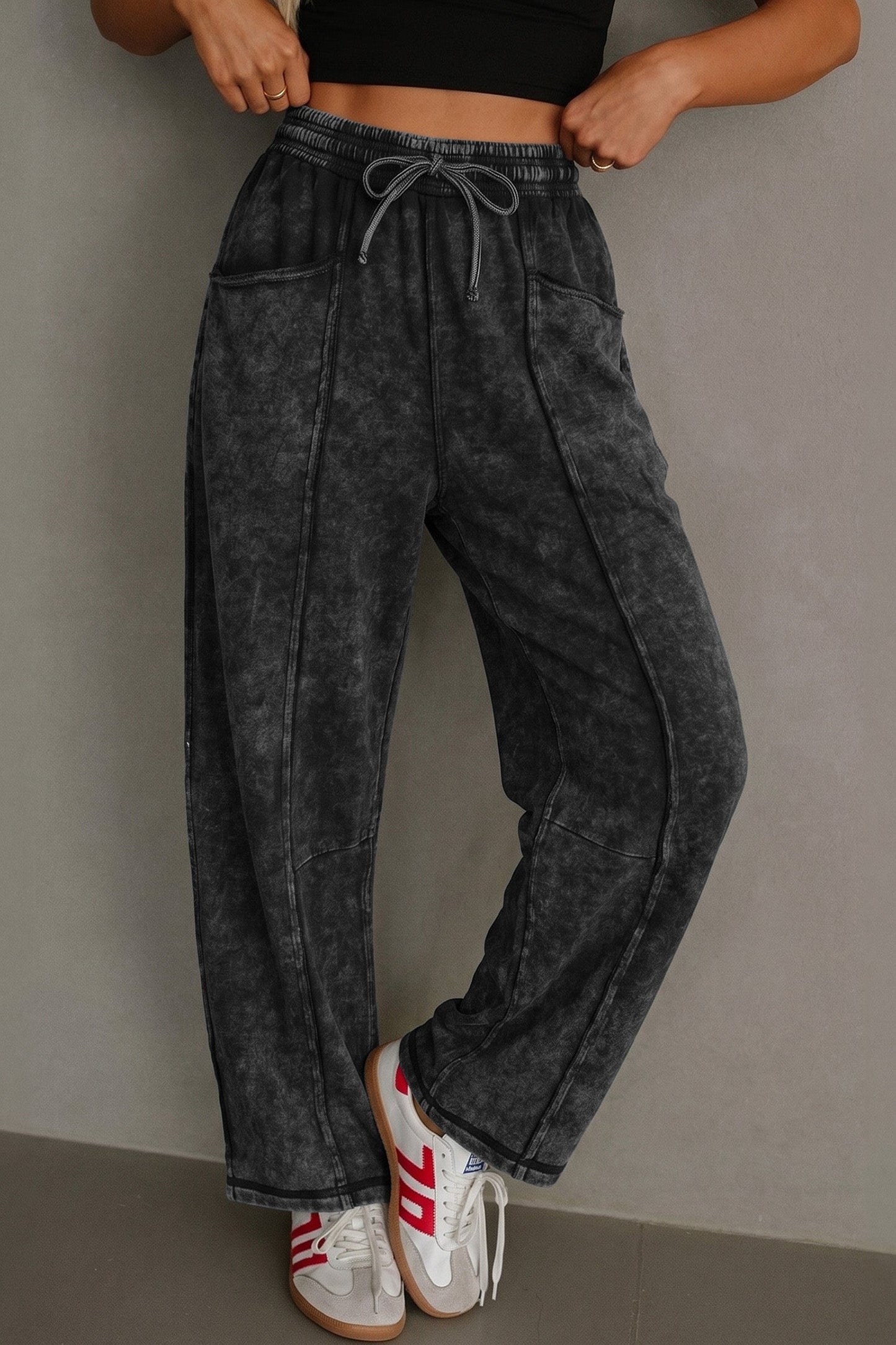 Mineral Wash Raw Seam Drawstring Waist Barrel Pants