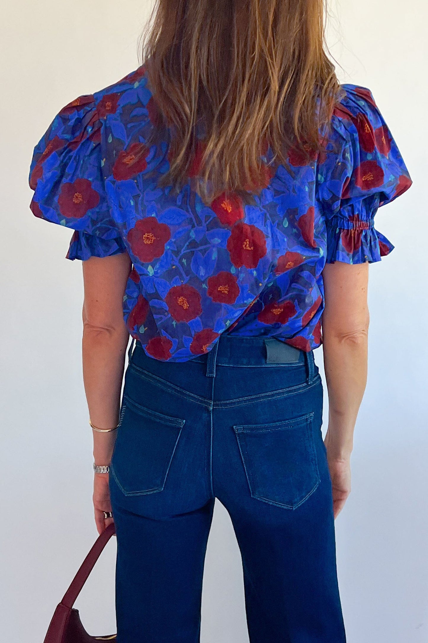 Floral Ruffle Frilled V-Neck Balloon Sleeve Blouse