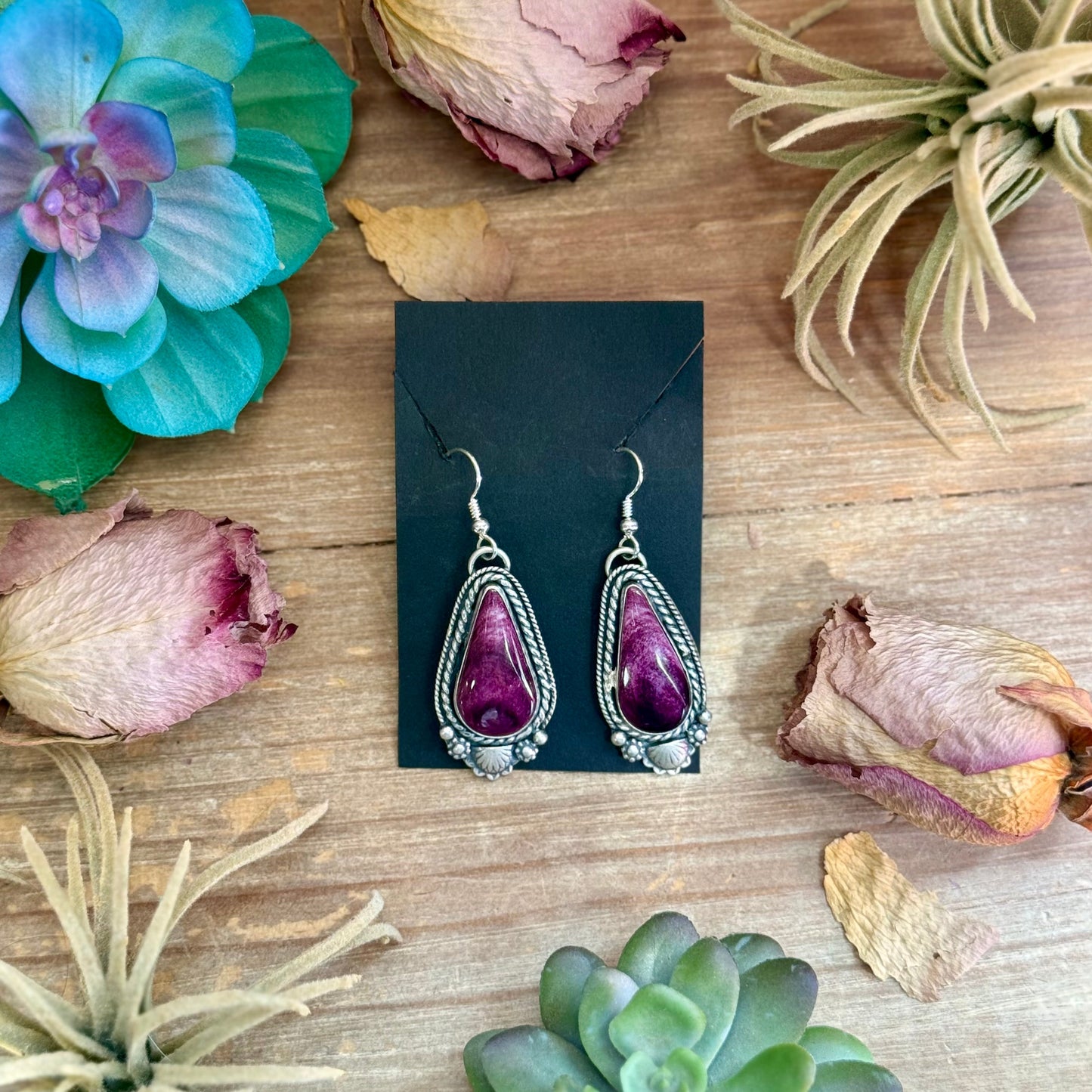 56 -  Sterling Silver Purple Spiny Oyster Dangle Earrings by Shay Pfeiffer
