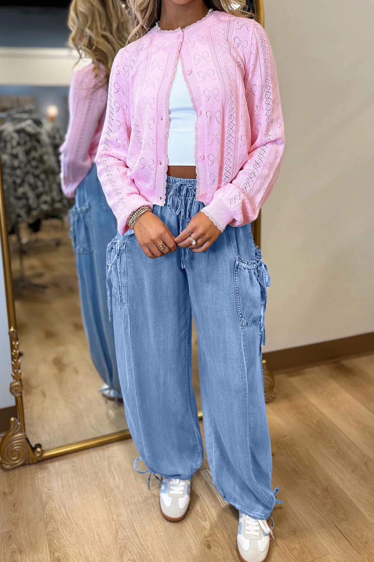 Drawstring Elastic-Waist Pocket Loose Denim Pants