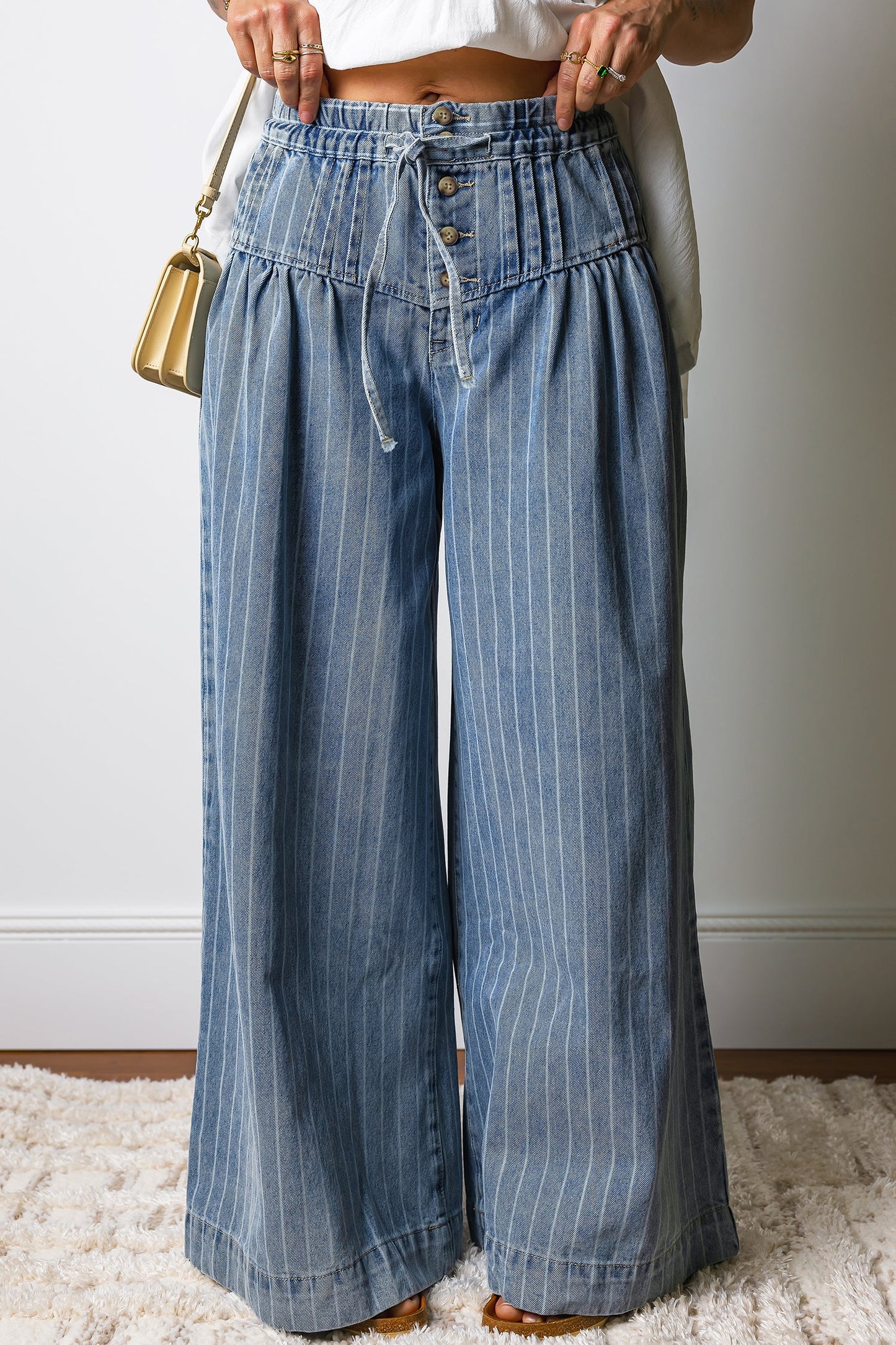 Stripe Button Pleated Drawstring Wide Leg Jeans