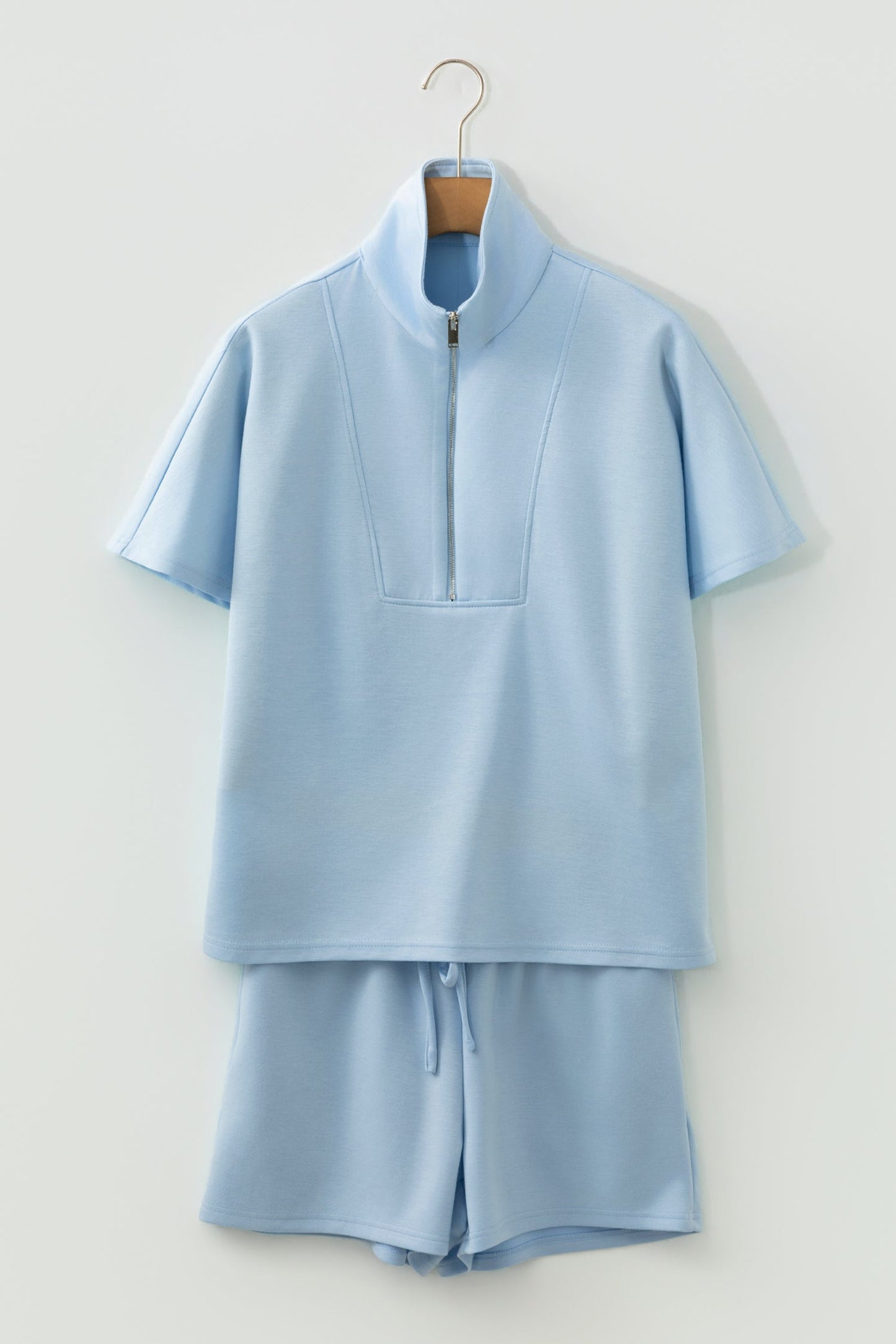 Solid Half Zip Sweatshirt and Shorts Set