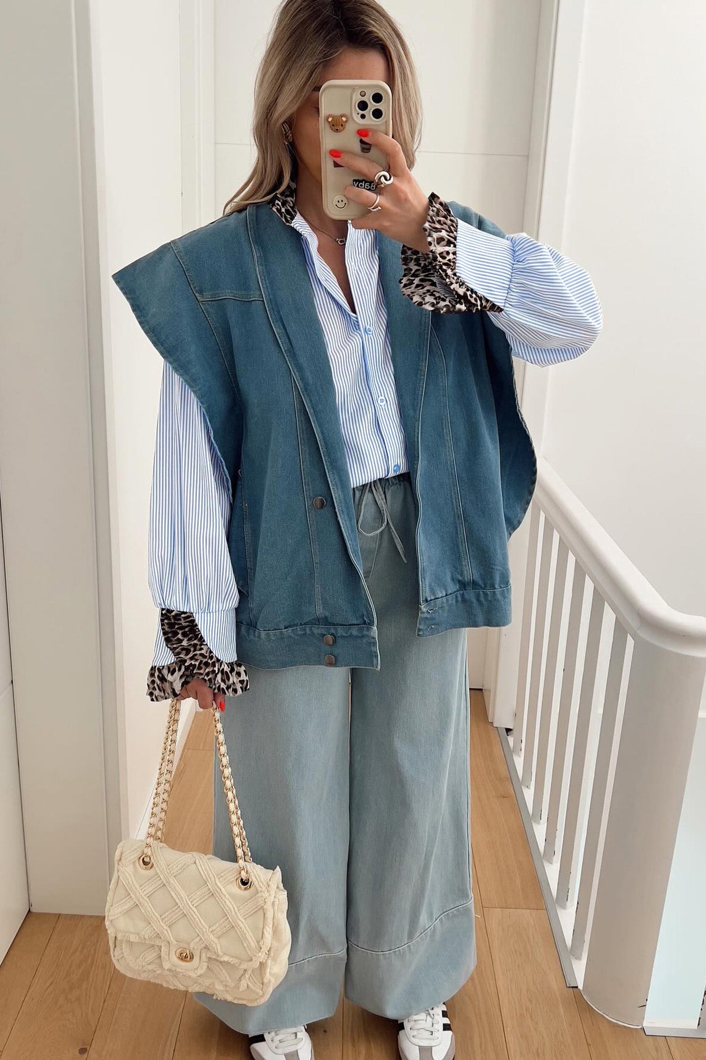 Stripe Patchwork Leopard Ruffle Long Sleeve Shirt