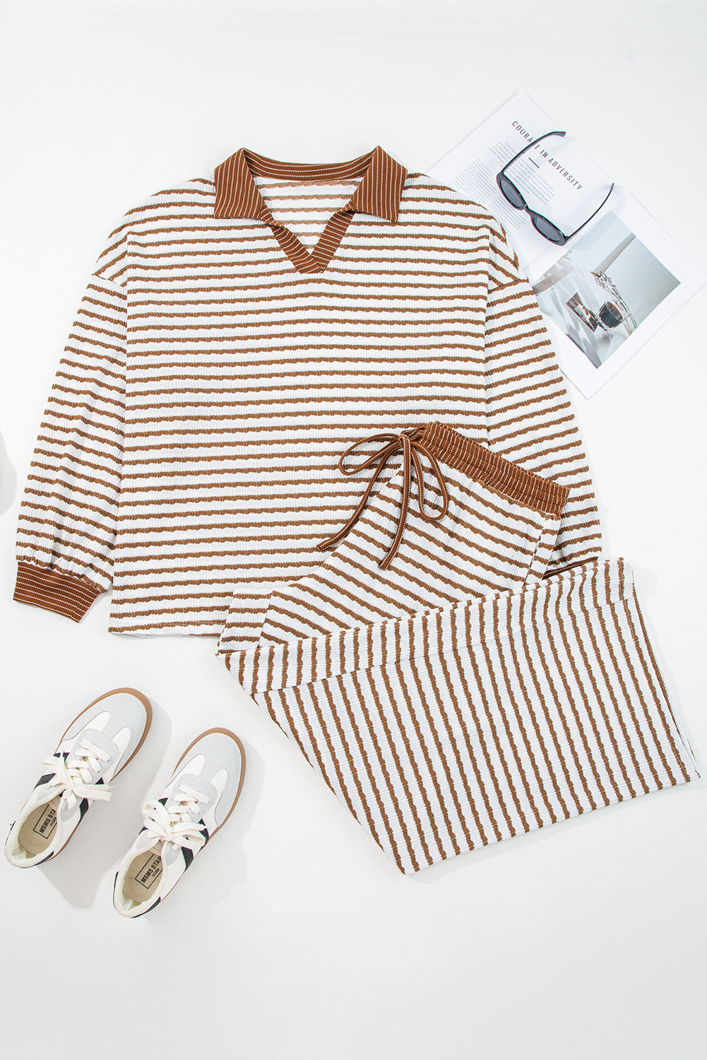 Plus Size Stripe V-Neck Pullover and Drawstring Pants Set