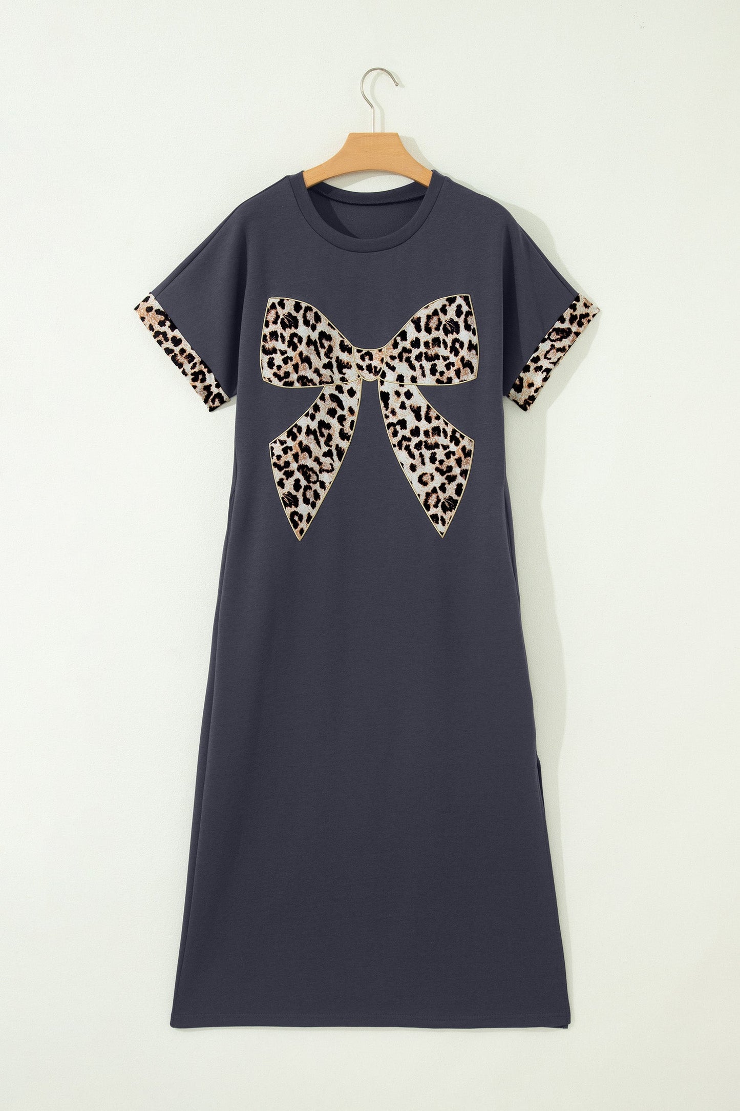 Leopard Bow Patched Short Sleeve T-Shirt Long Dress