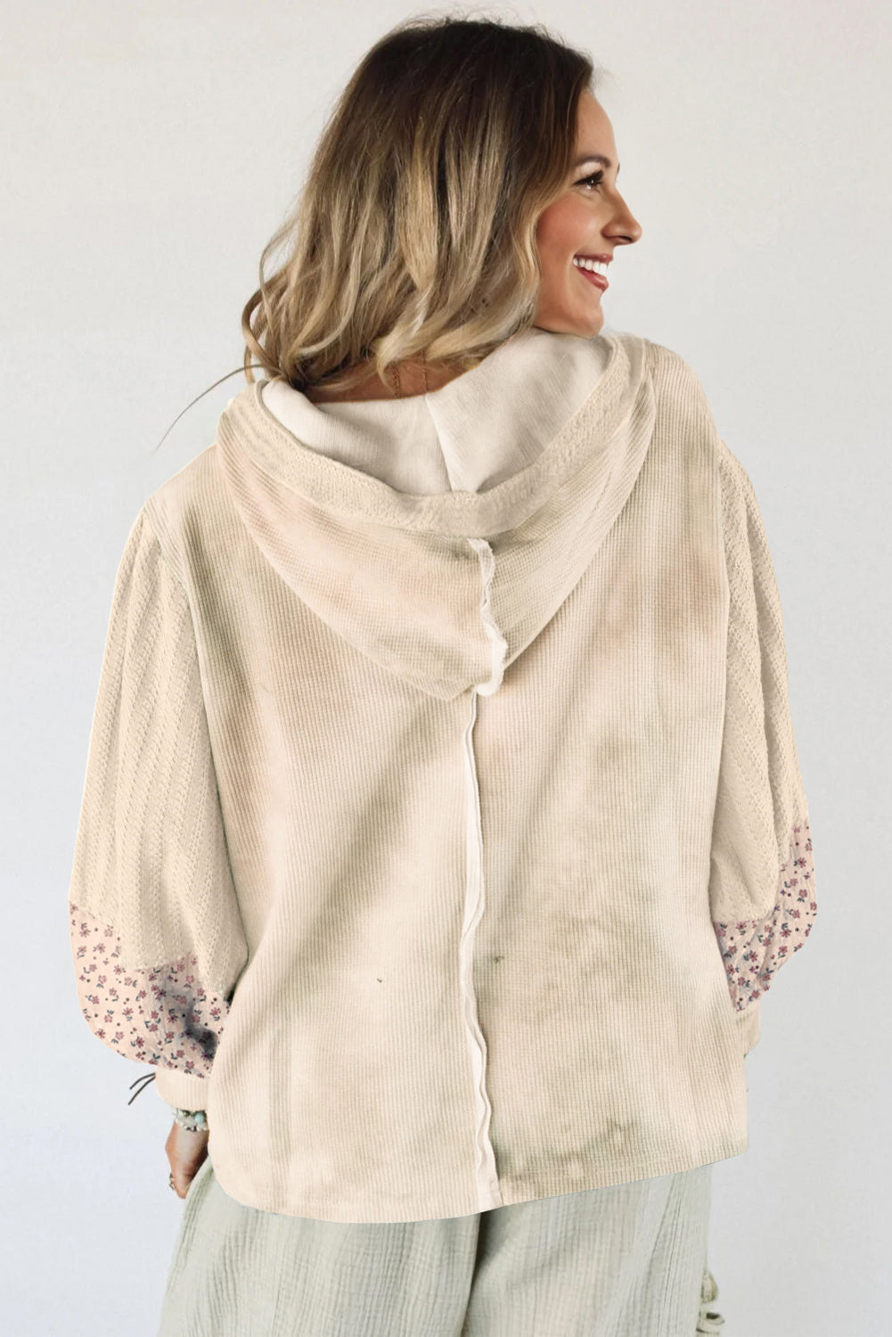 Floral Patchwork Waffle Textured V-Neck Hooded Top