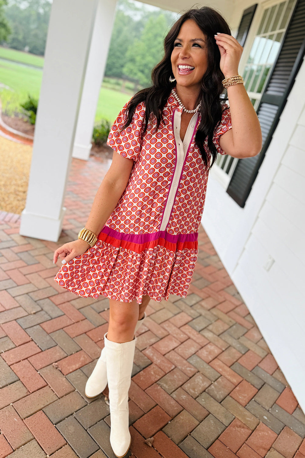 Floral Geometric Colorblock Ruffle Hem Dress
