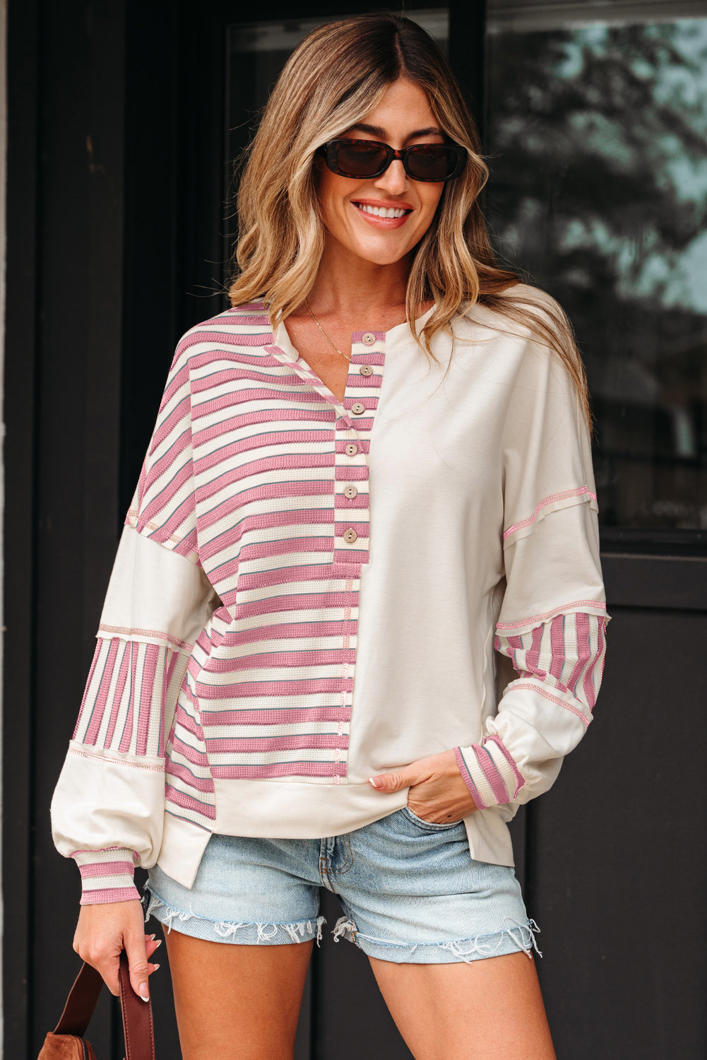 Stripe Patchwork Long Sleeve Henley Top