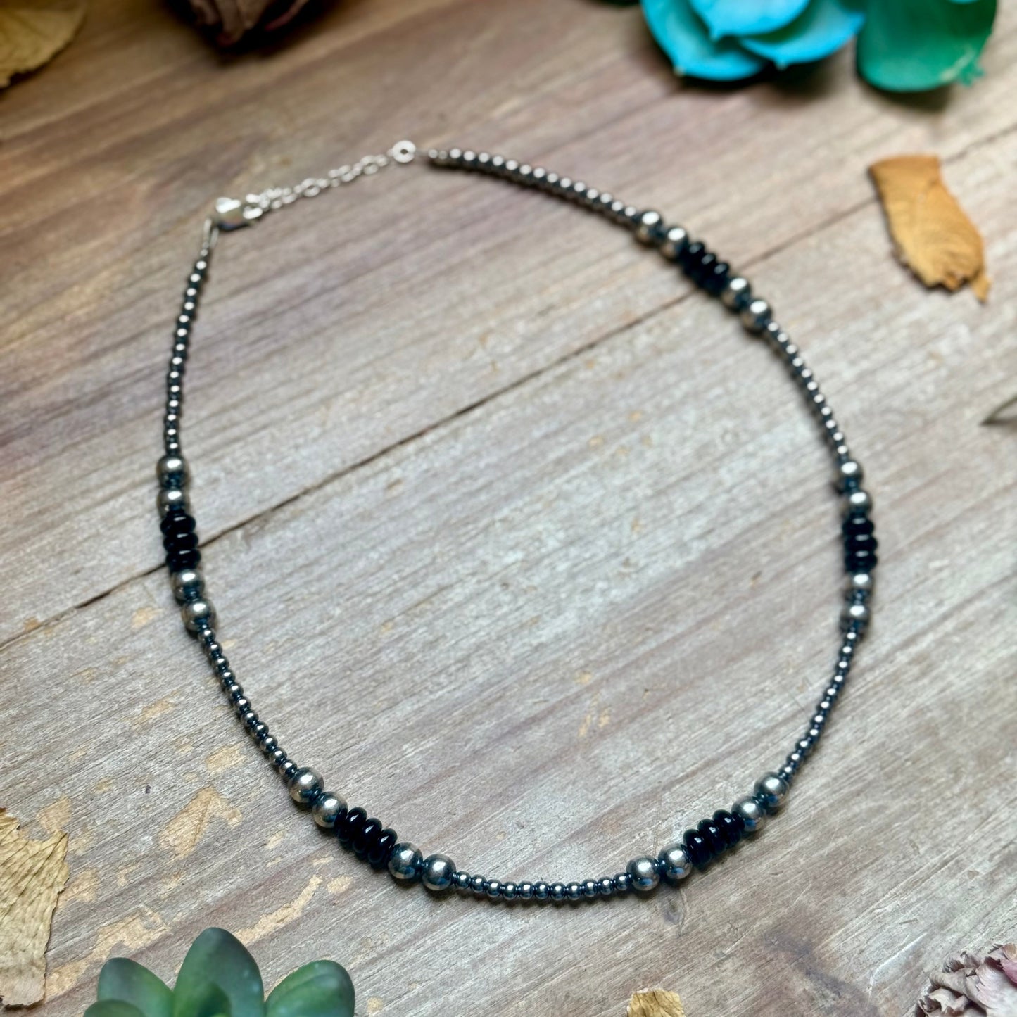 Sterling Silver Pearl & Black Onyx Necklace – 15" Plus Extender