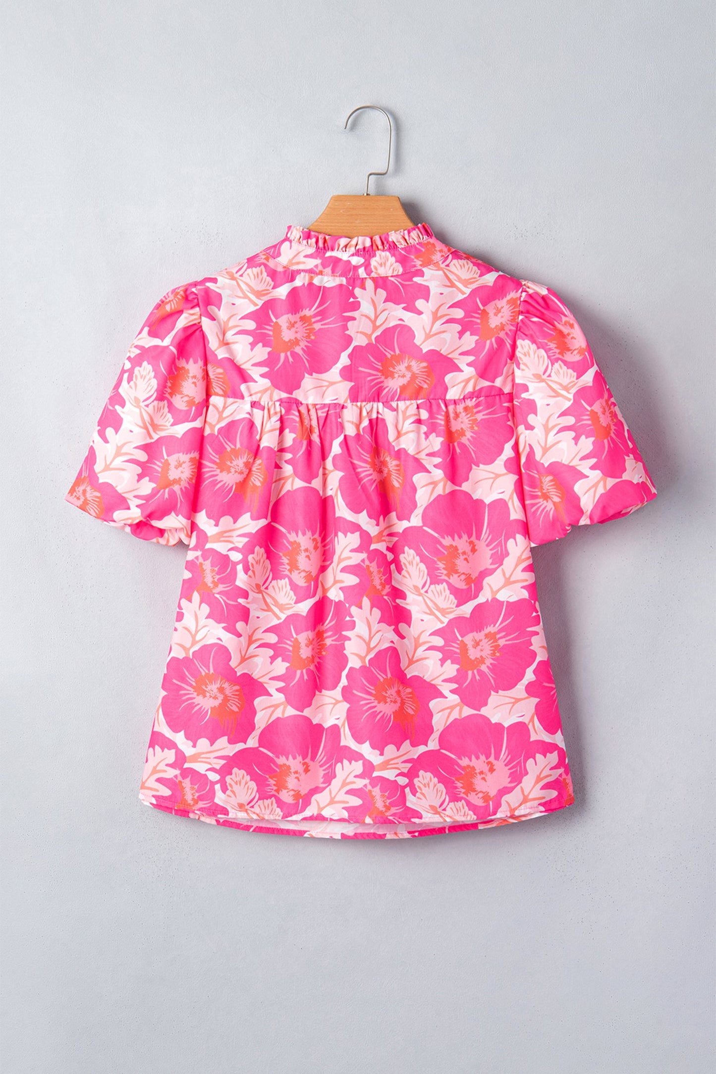 Floral Short Bubble Sleeve V-Neck Blouse