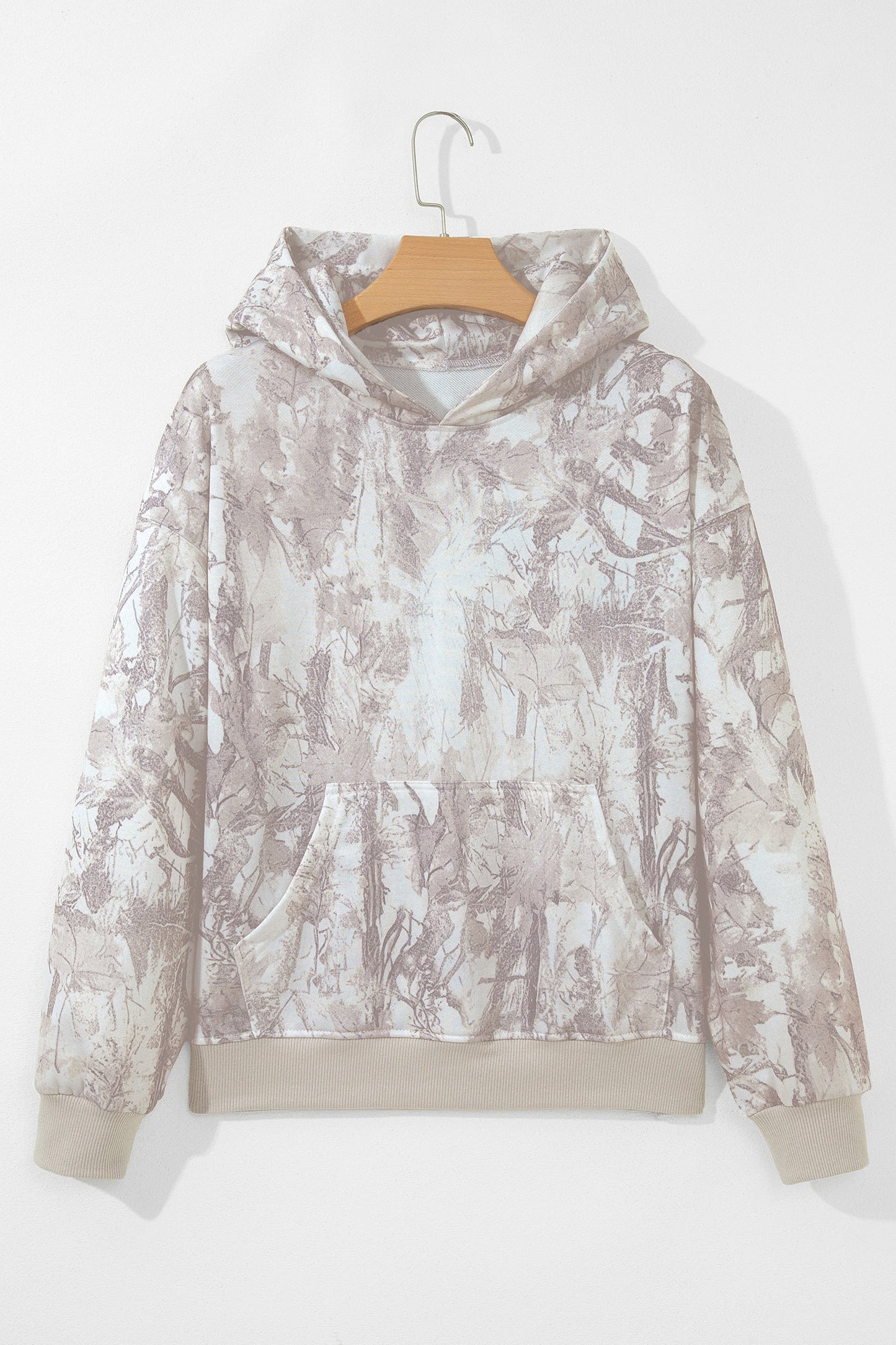 Abstract Camo Ribbed Trim Kangaroo Pocket Hoodie