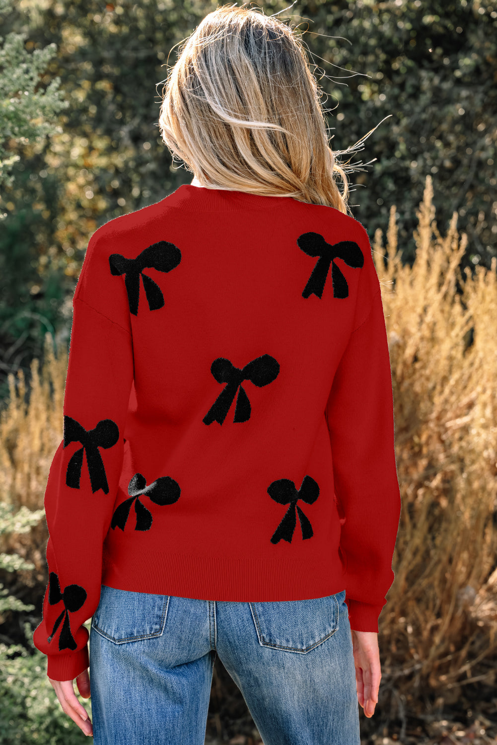Bow Pearl Embellished Drop Shoulder Sweater