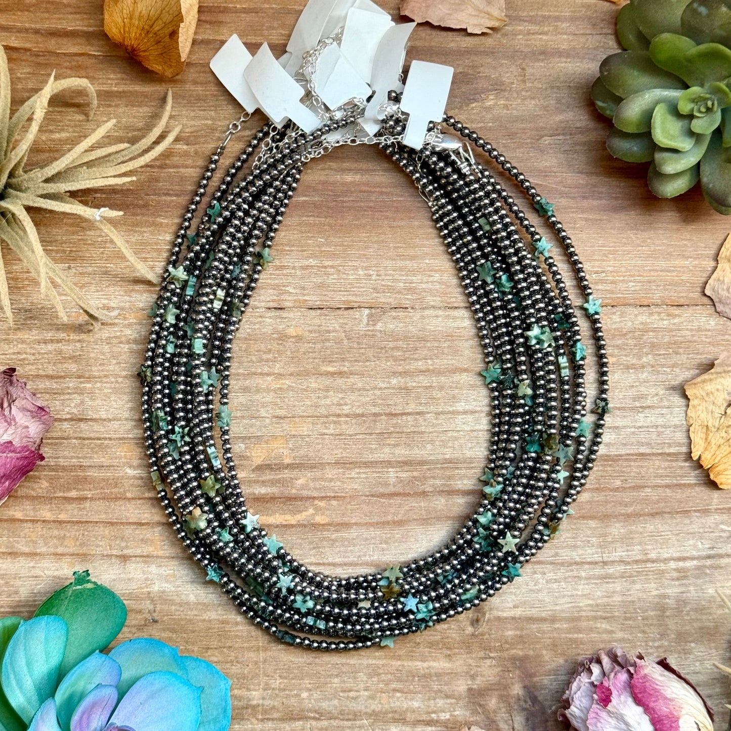 15” African Turquoise Star Necklace – Sterling Silver Pearls