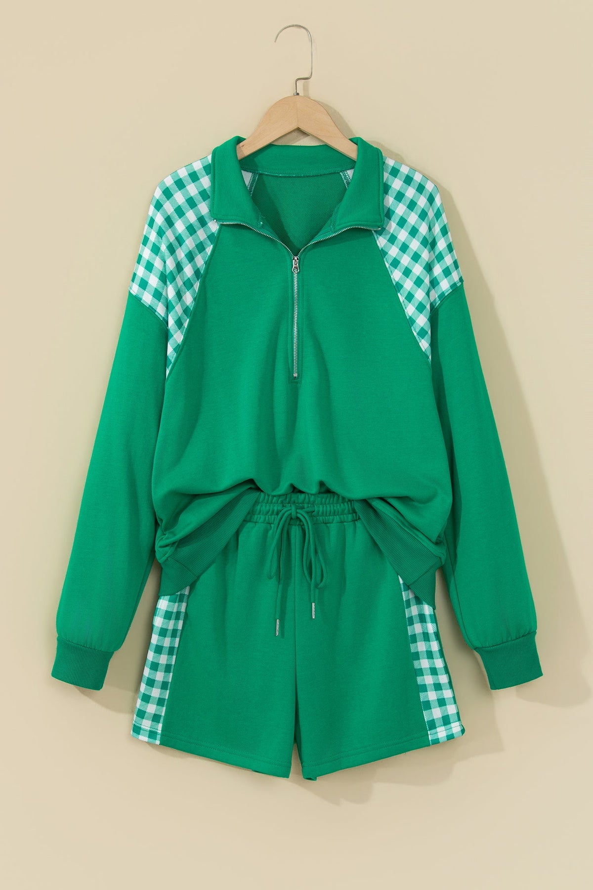 Gingham Patchwork Half-Zip Pullover & Shorts Set