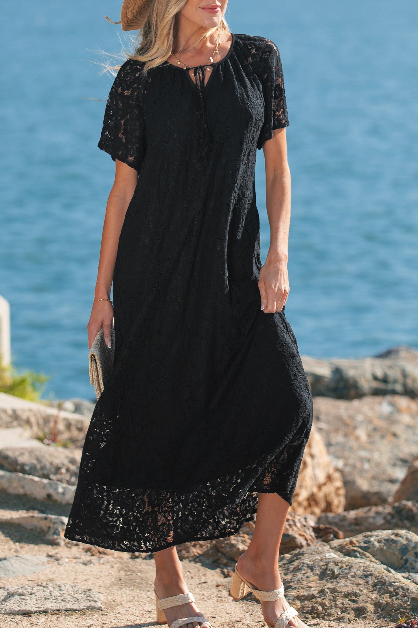 Lace Overlay Tassel Tie Short Sleeve Maxi Dress