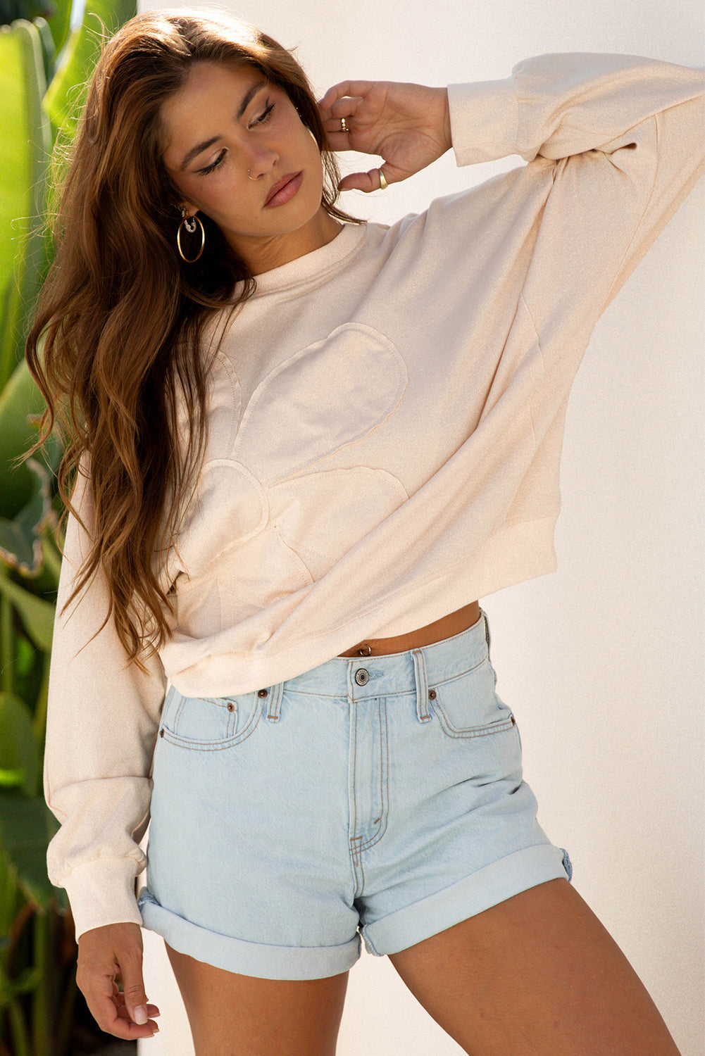 Floral Patch Raw Edge Drop Shoulder Top