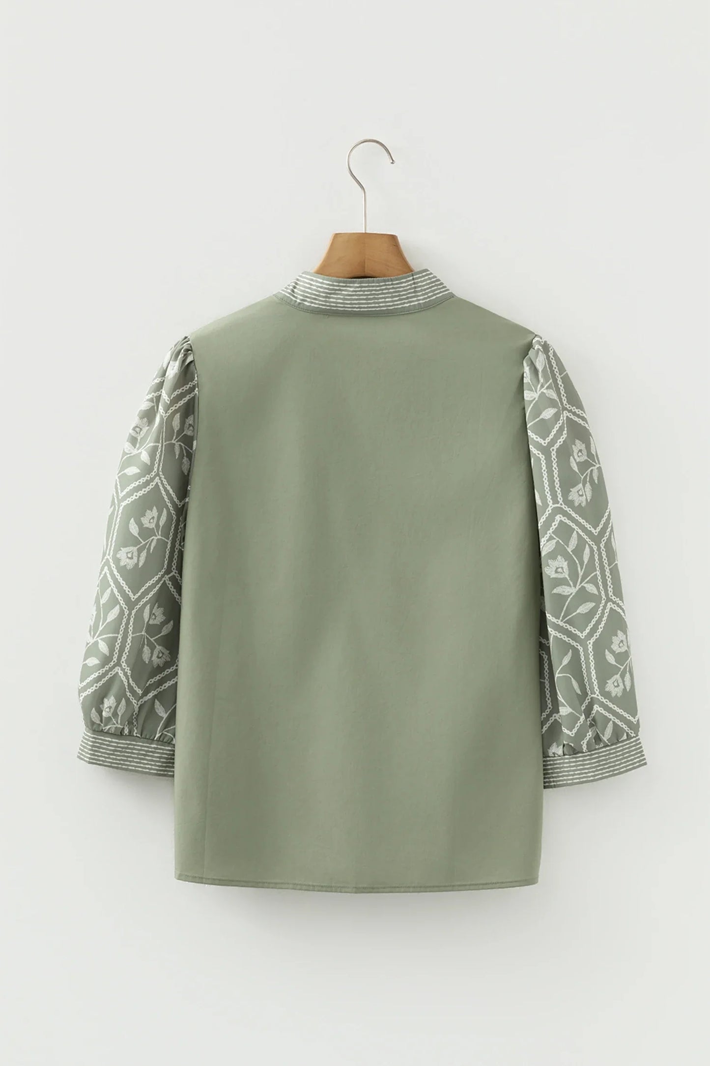 Floral Puff Sleeve Contrast V-Neck Patchwork Blouse
