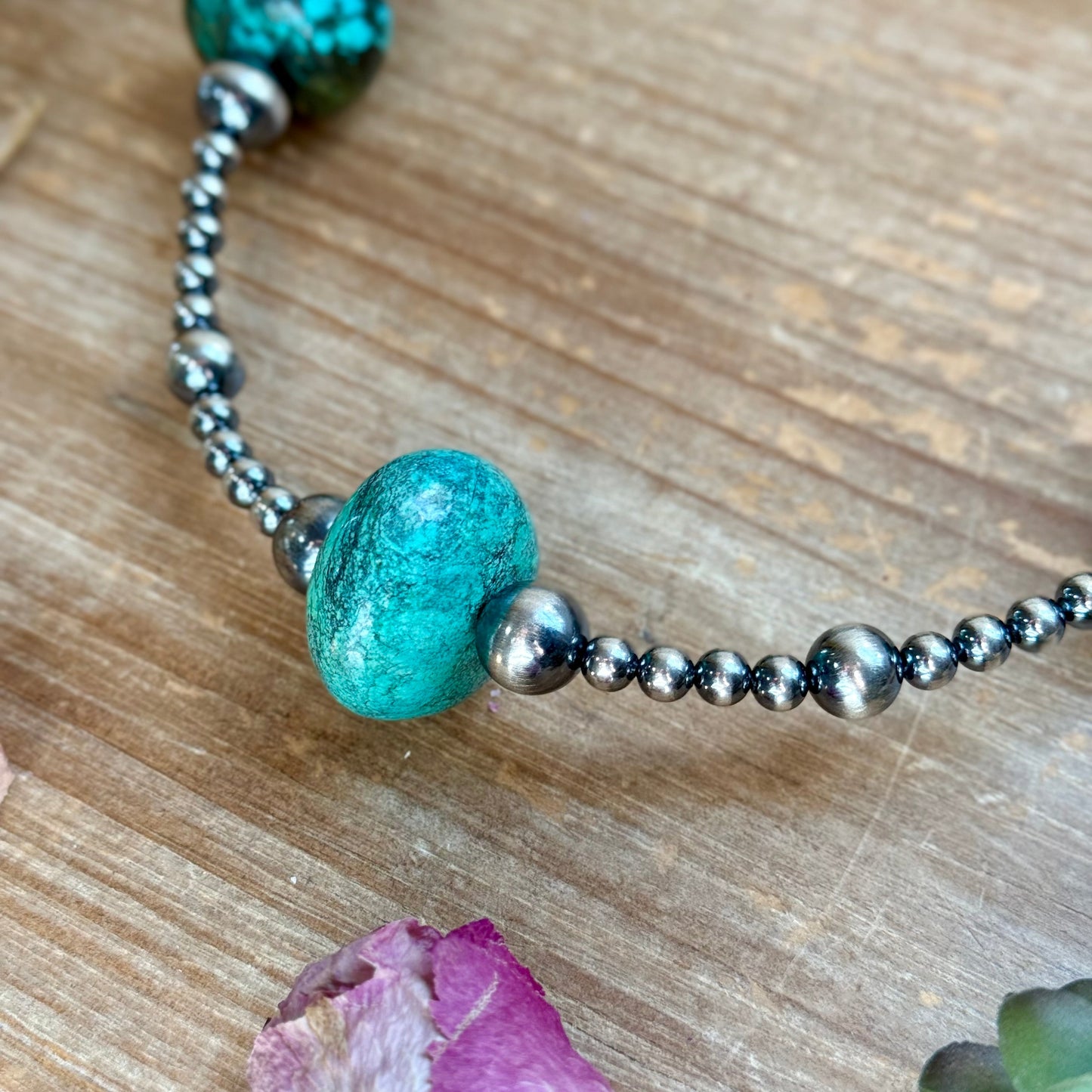 20” Turquoise Rondelle Necklace – Sterling Silver Pearls