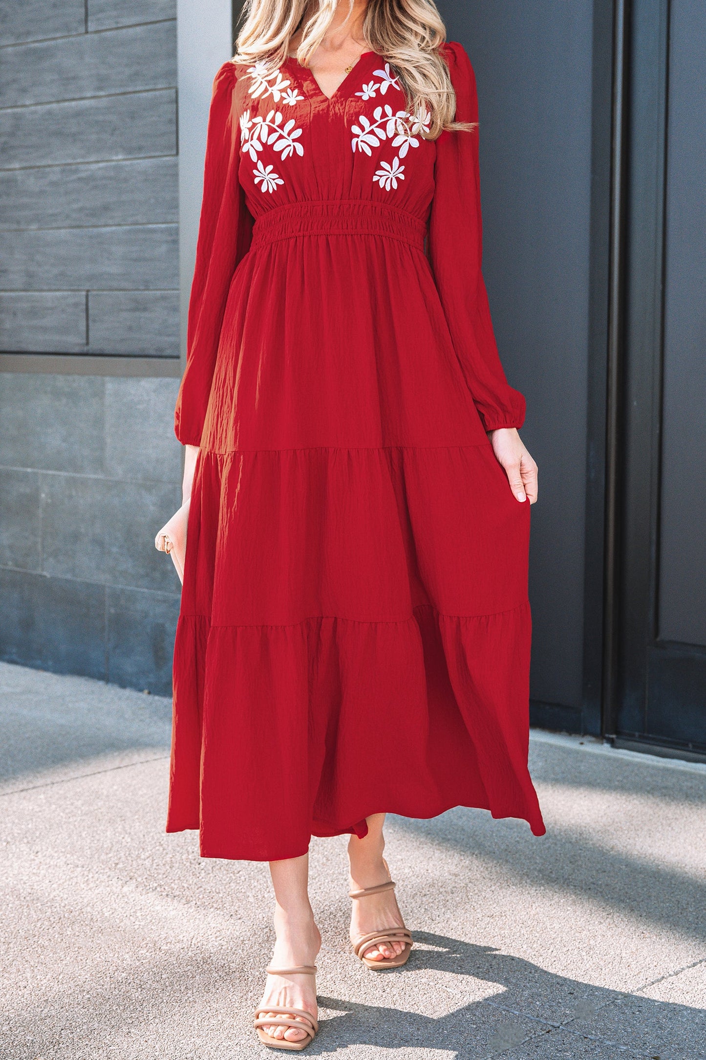 Floral Embroidered Long Sleeve Tiered Maxi Dress