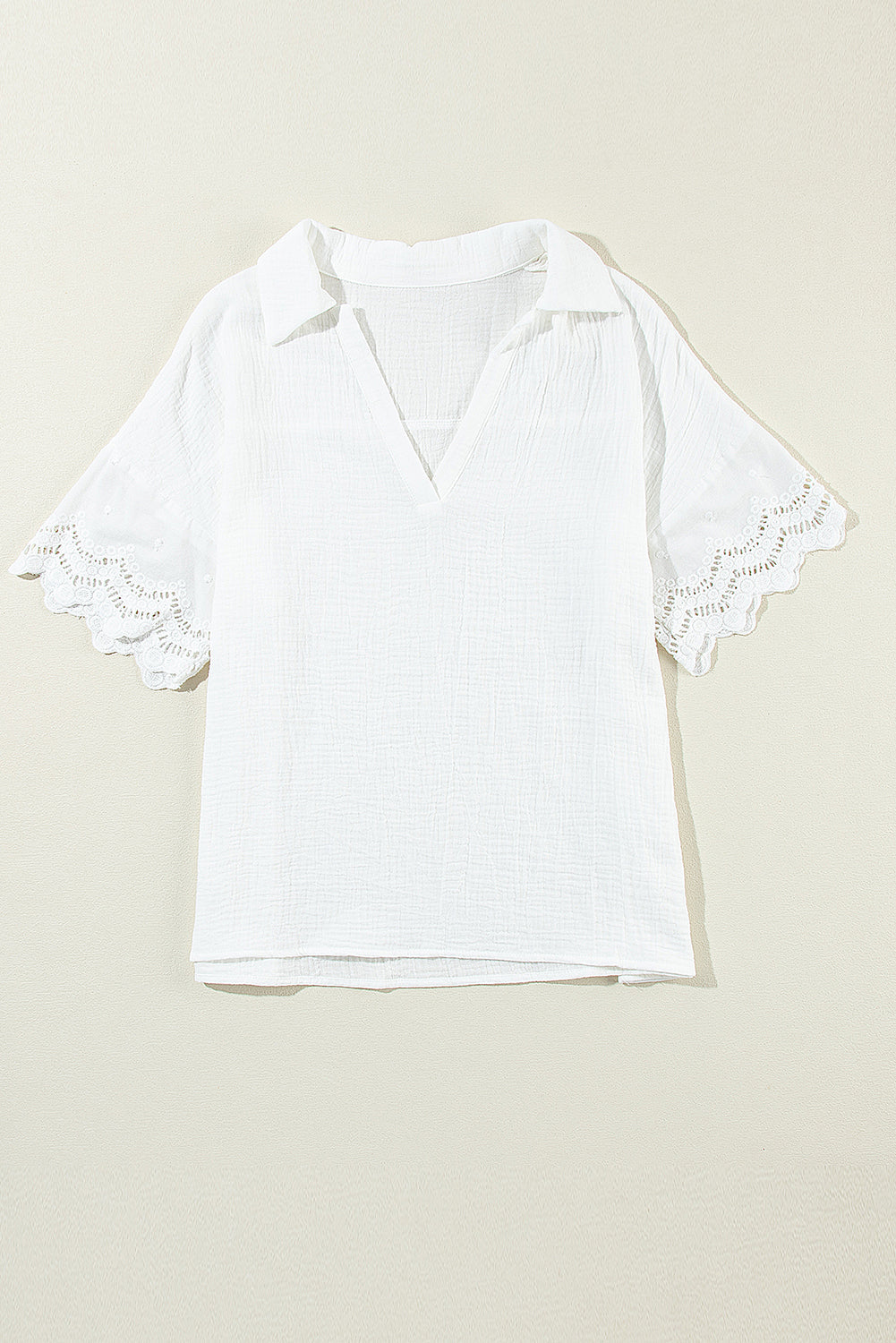 Lace Crinkled Sleeve Collar V-Neck Blouse