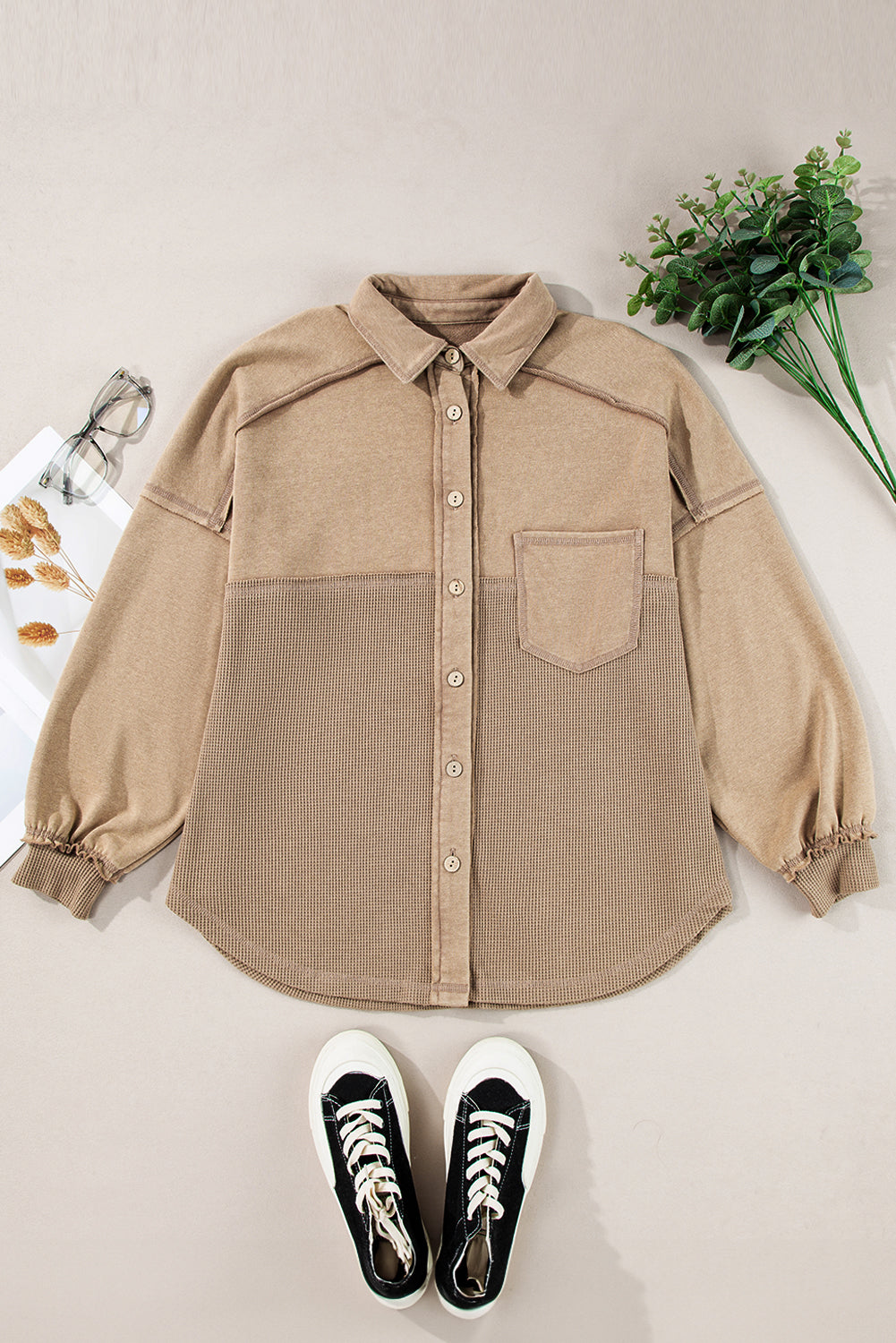 Solid Mineral Wash Waffle Knit Patchwork Shacket