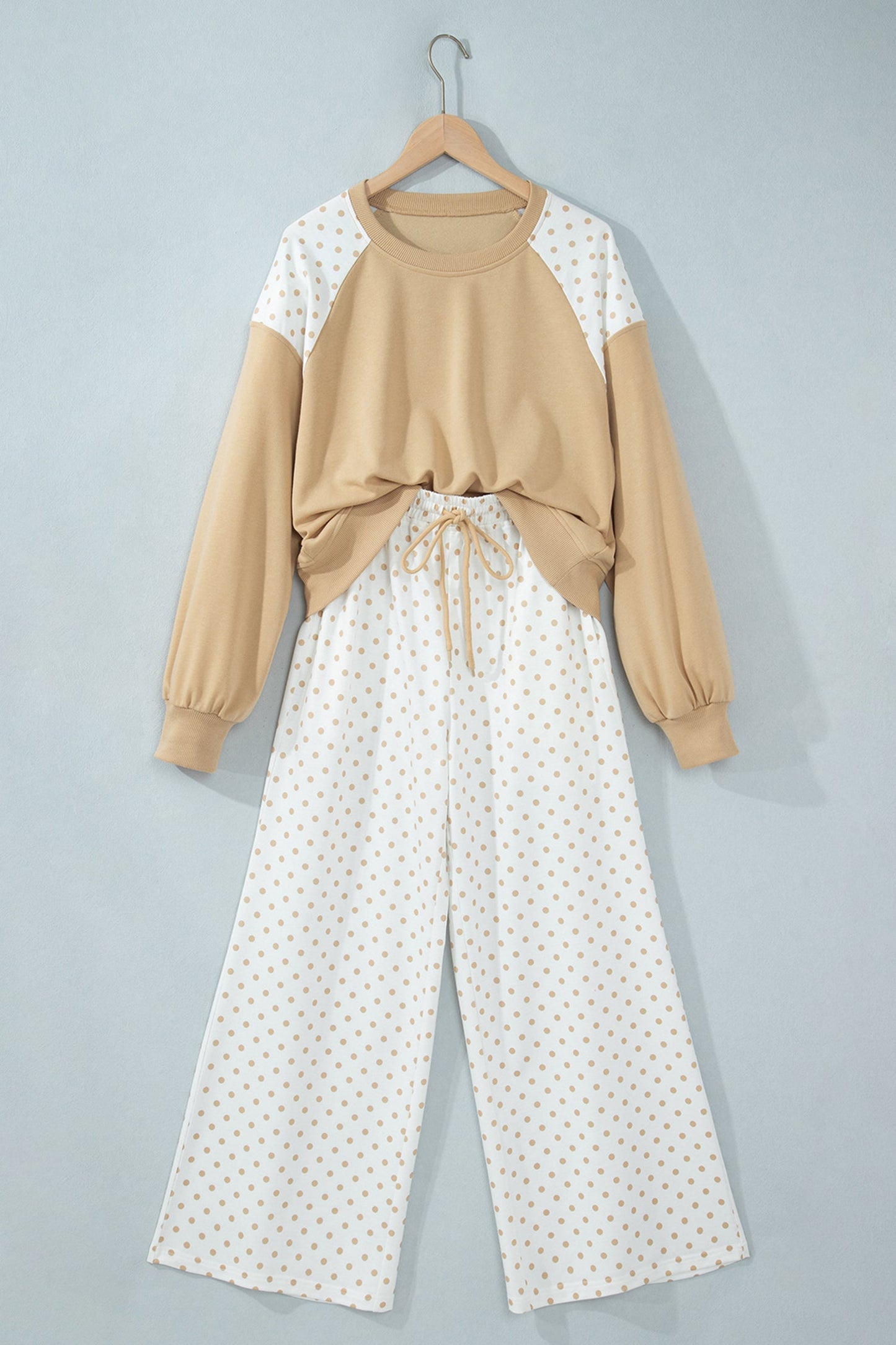 Polka Dot Patchwork Crop Sweatshirt & Pants Set