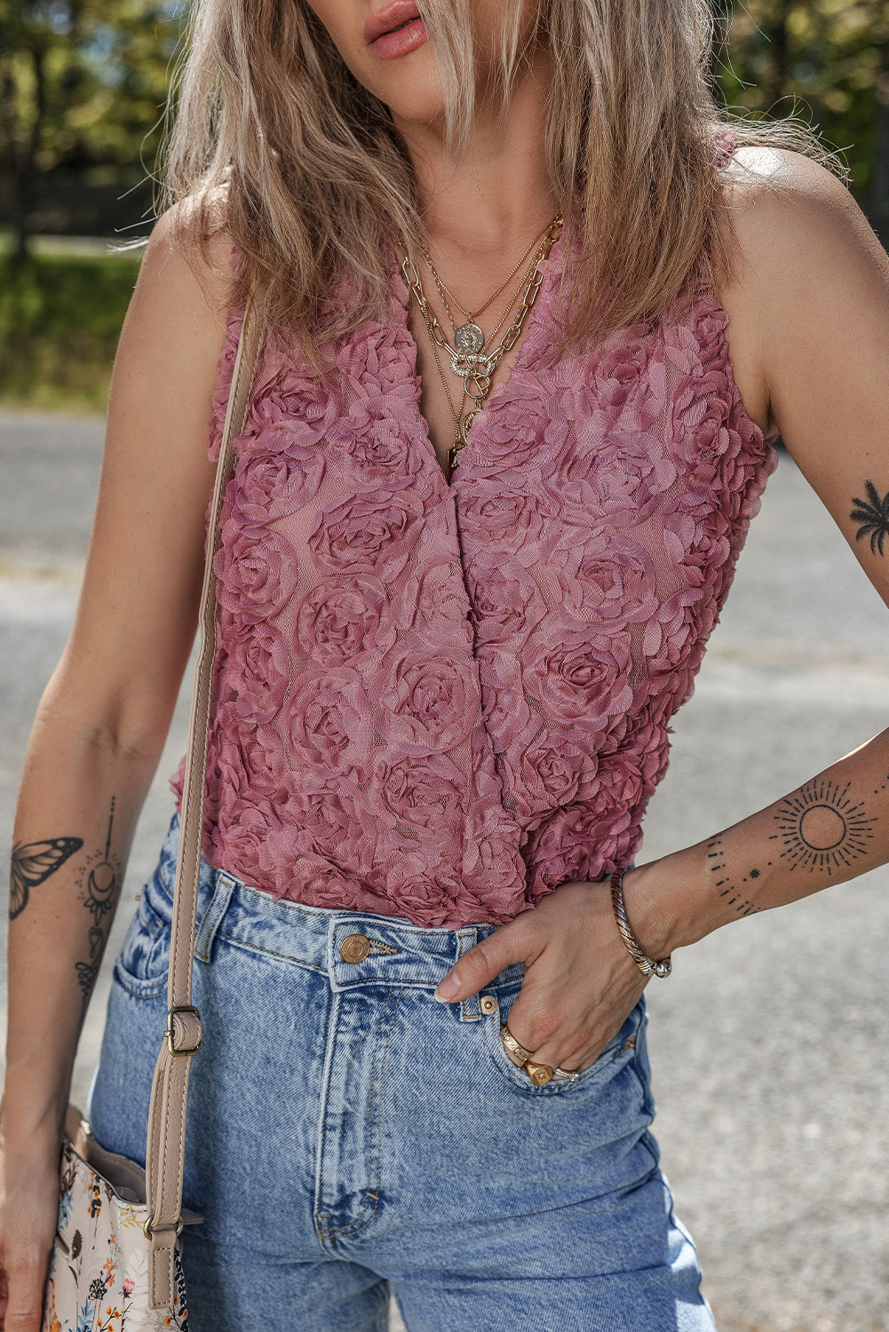 Floral Textured V-Neck Wrapped Sleeveless Bodysuit