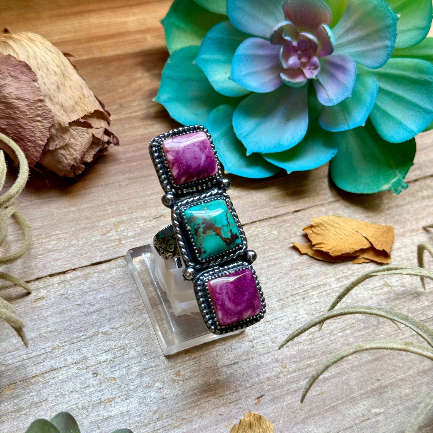 MJ Ring Three-Stone Turquoise & Purple Spiny Oyster Sterling Silver