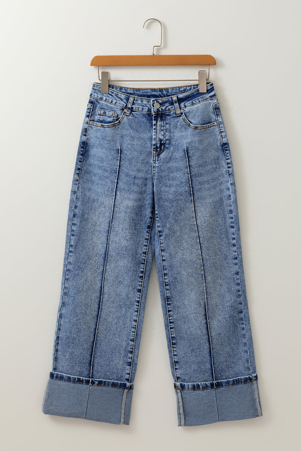 Denim Center Seam Cuffed Hem Straight High Waist Jeans