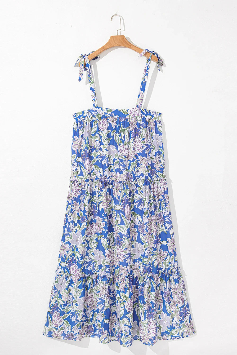 Floral Self-Tie Straps Flowy Ruffle Long Dress