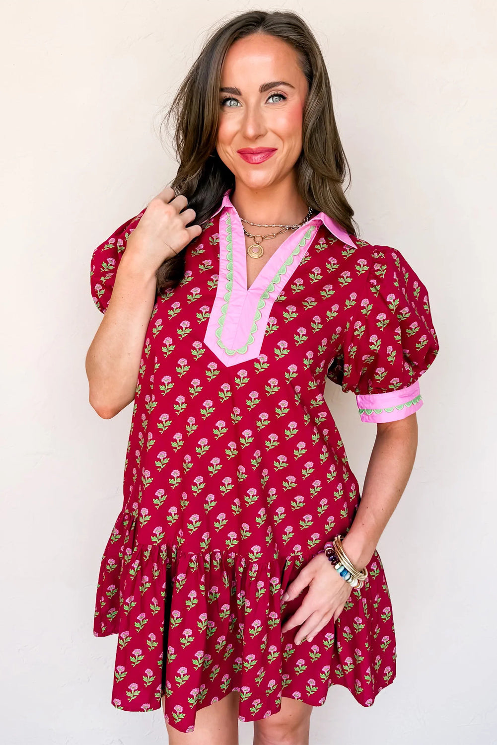 Floral V-Neck Short Bubble Sleeve Mini Dress