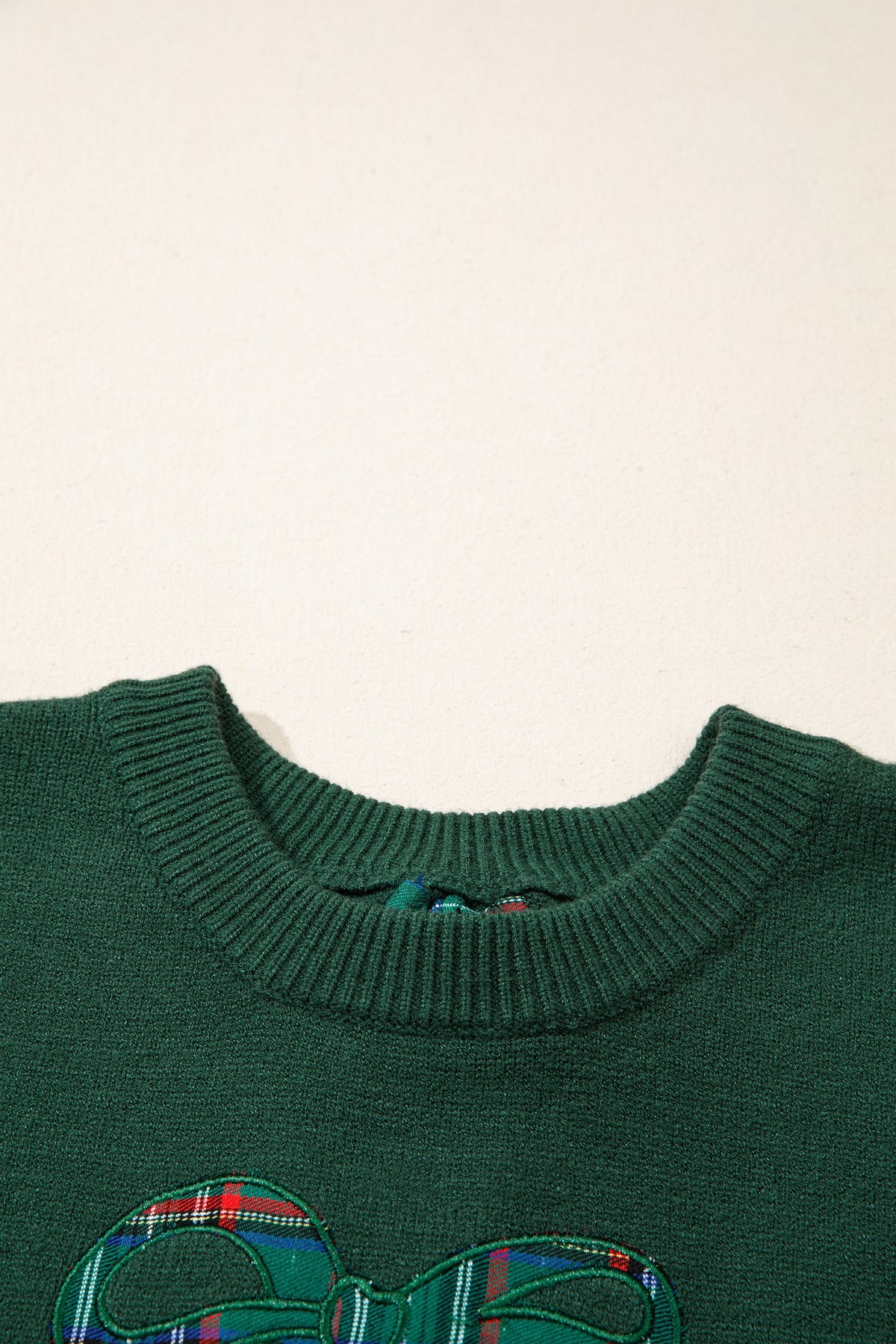 Christmas Plaid Bow Embroidered Tie Back Sweater