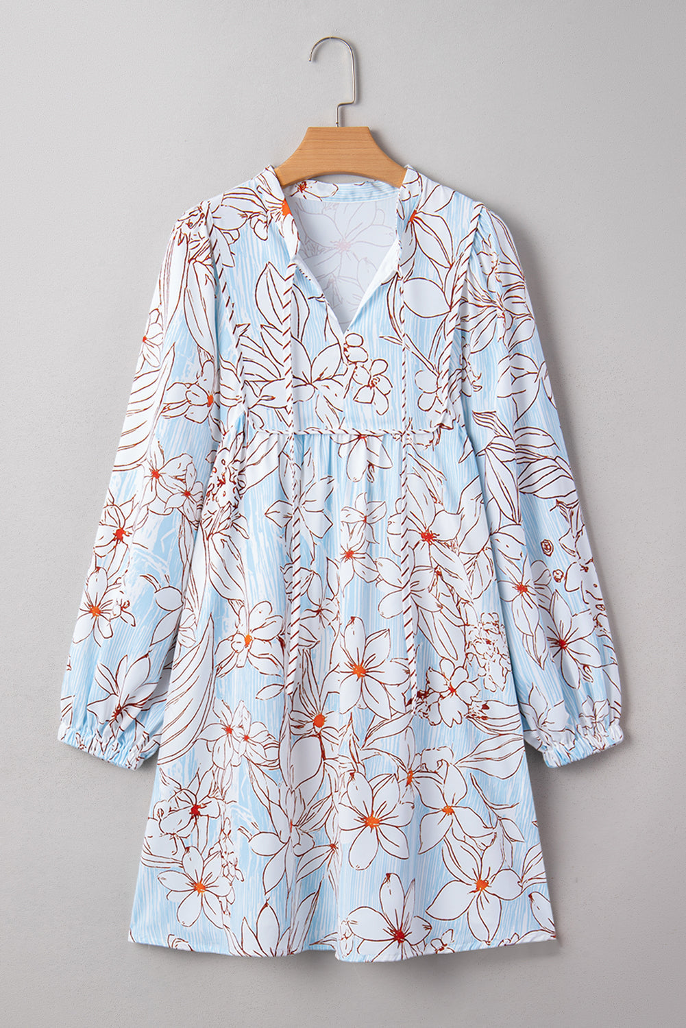 Floral Tie Neck Long Sleeve Mini Dress