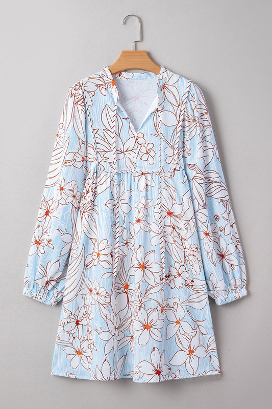 Floral Tie Neck Long Sleeve Mini Dress