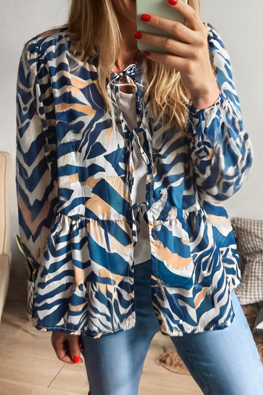 Zebra Tied Front Puff Sleeve Top