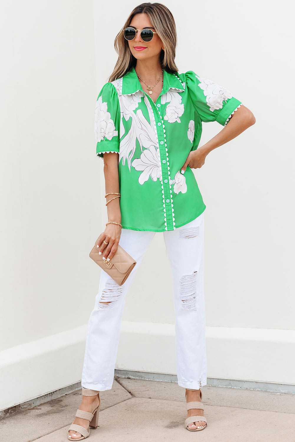 Floral Ric-Rac Edge Puff Sleeve Button-Up Shirt