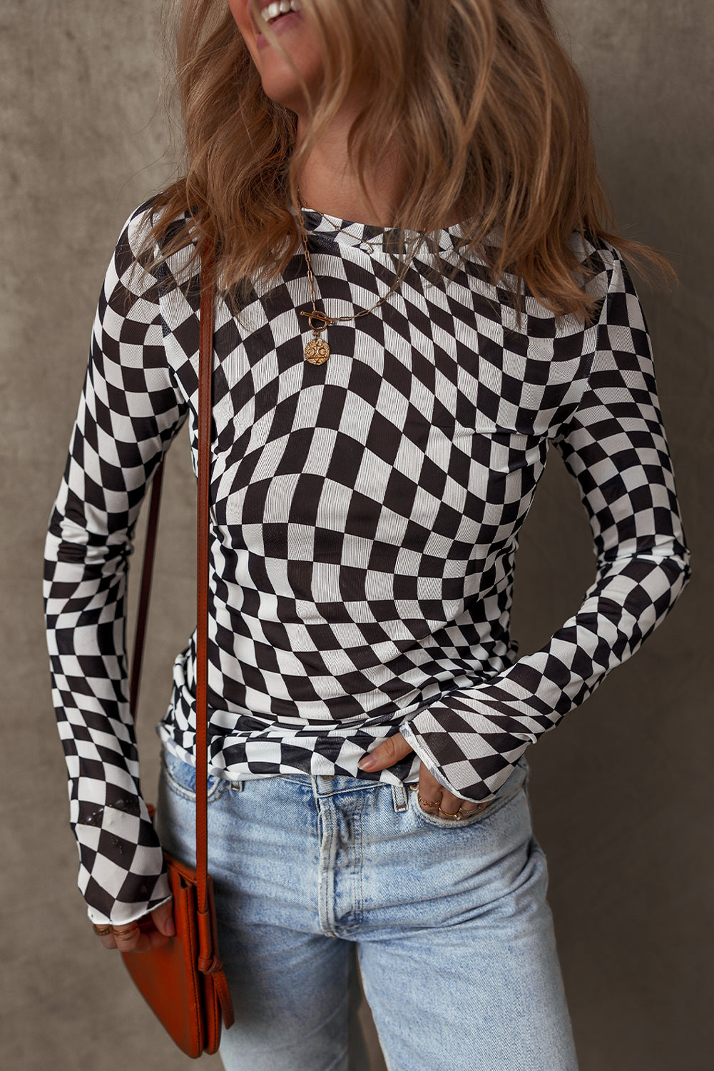 Checker Mesh Long Sleeve Top