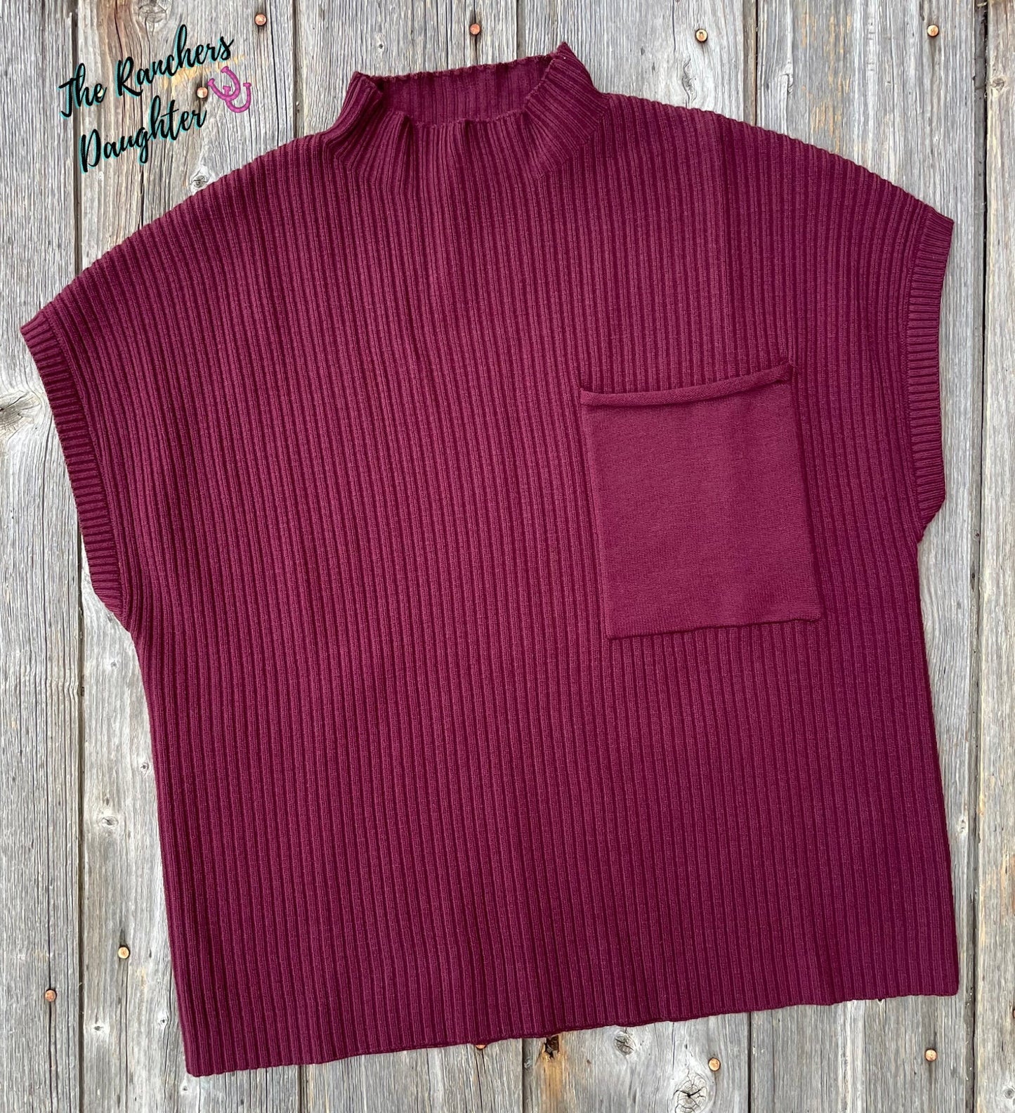 Deep Burgundy Fall Patch Pocket Rib Knit Short Sleeve Sweater