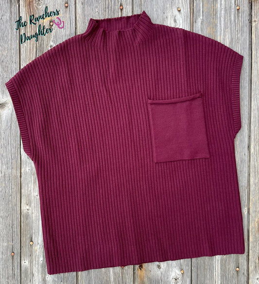 Deep Burgundy Fall Patch Pocket Rib Knit Short Sleeve Sweater