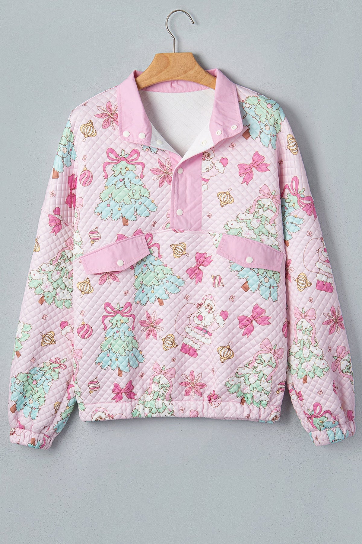Christmas Santa Quilted Buttoned Collar Sweatshirt