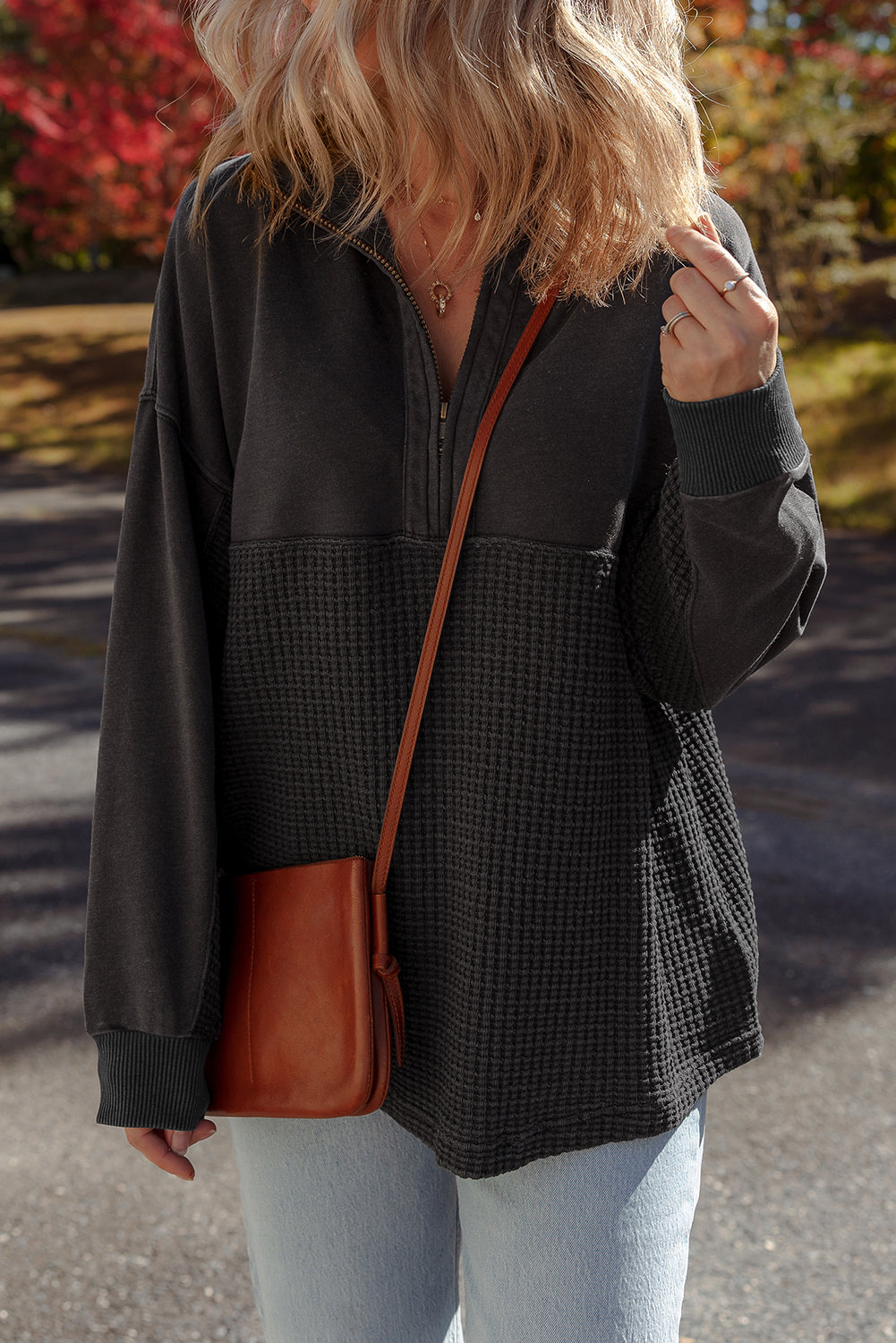 Waffle Knit Patchwork Half-Zip Sweatshirt