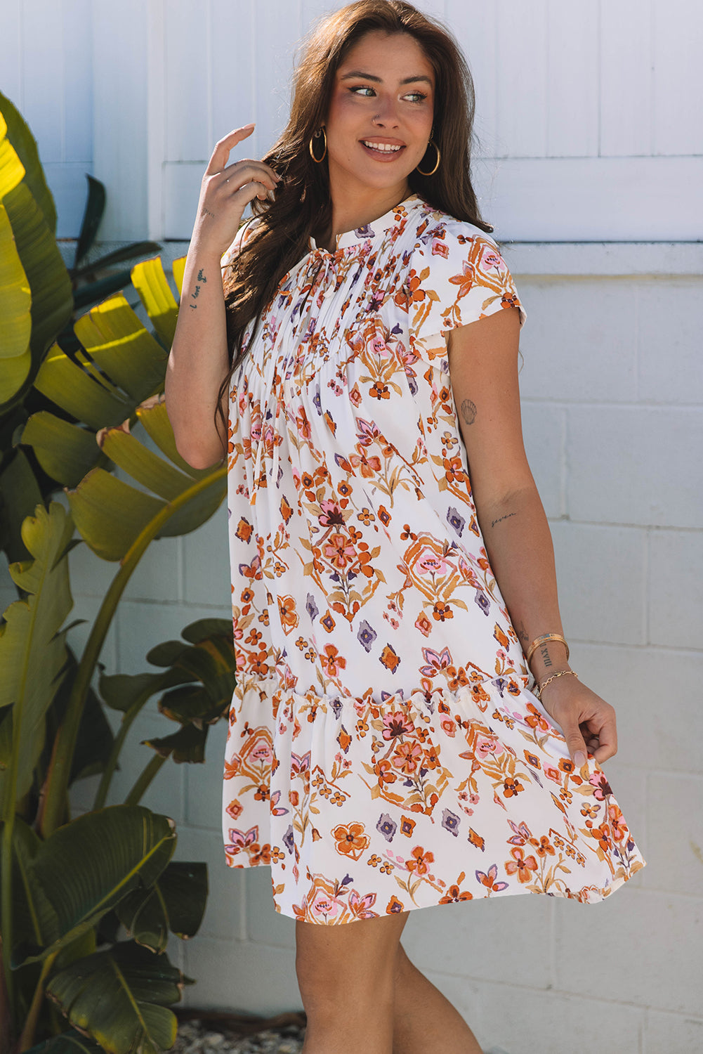 Floral Geometric Ruffle Trim Mini Dress