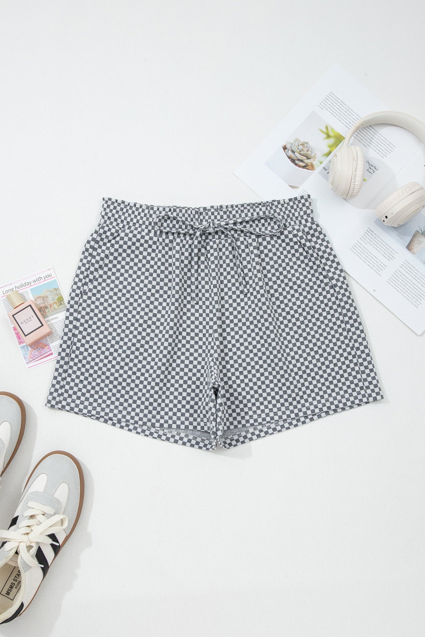 Checker Drawstring Elastic Waist Pocketed Shorts