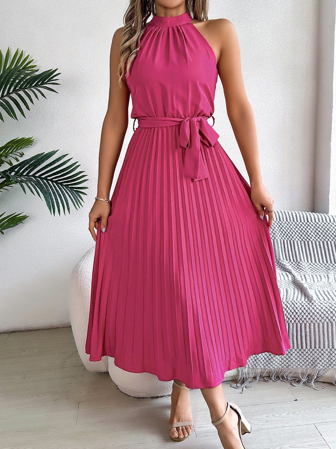 Pleated Tie Waist Sleeveless Midi Dress