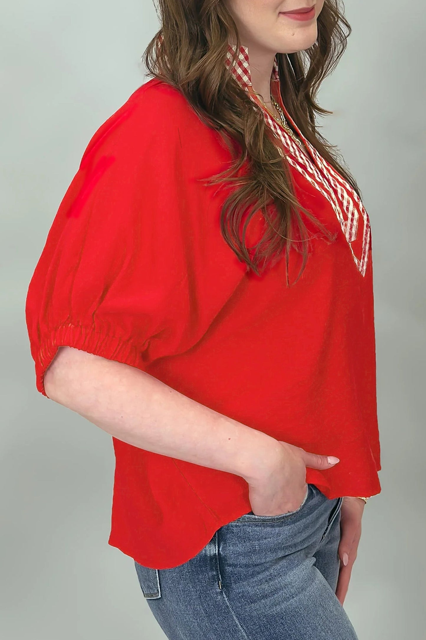 Gingham Collared V-Neck Short Sleeve Tunic Blouse