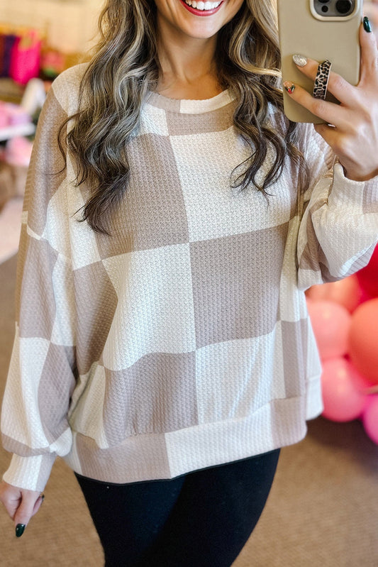 Checker Textured Knit Long Sleeve Top