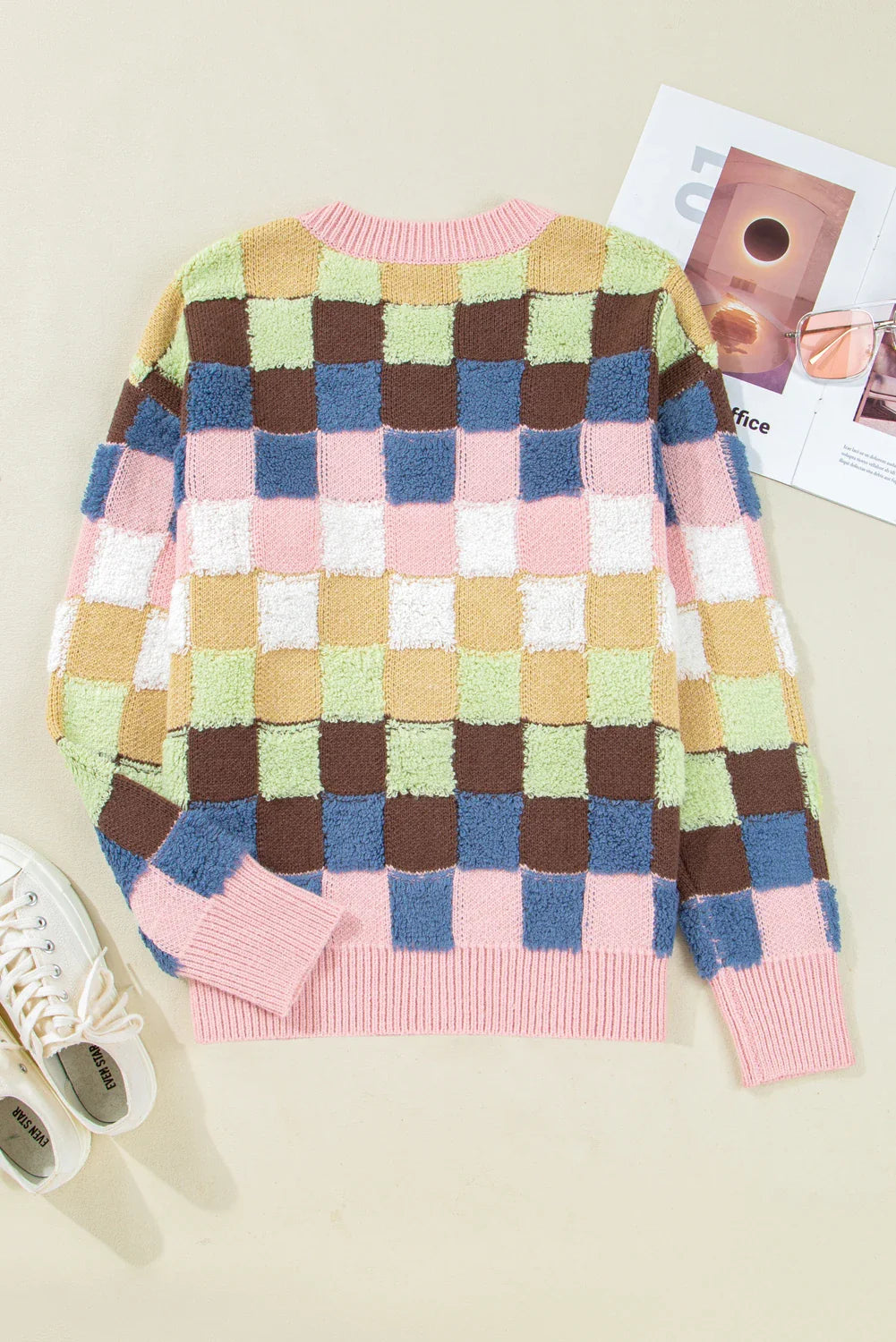 Checker Textured Knit Button Front Cardigan Sweater